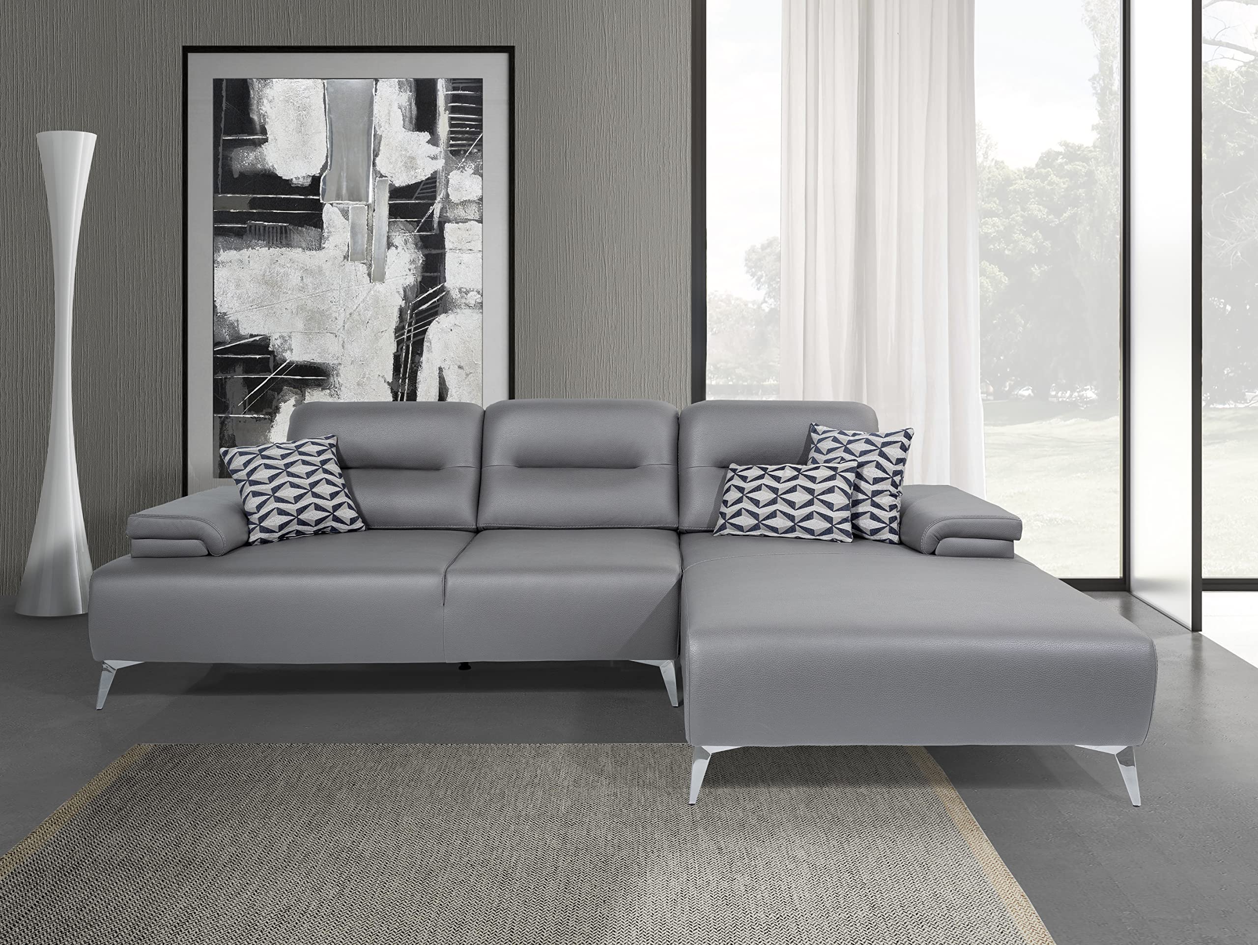 Modern Living Ruslan Right Chaise Sectional Sofa - Light Gray Nubuck Leather with Slide-Out Mechanism, Includes 3 Woven Linen Pillows & Nickel Chrome Legs - Perfect for Living Room, Lounge, or Home Theater Comfort