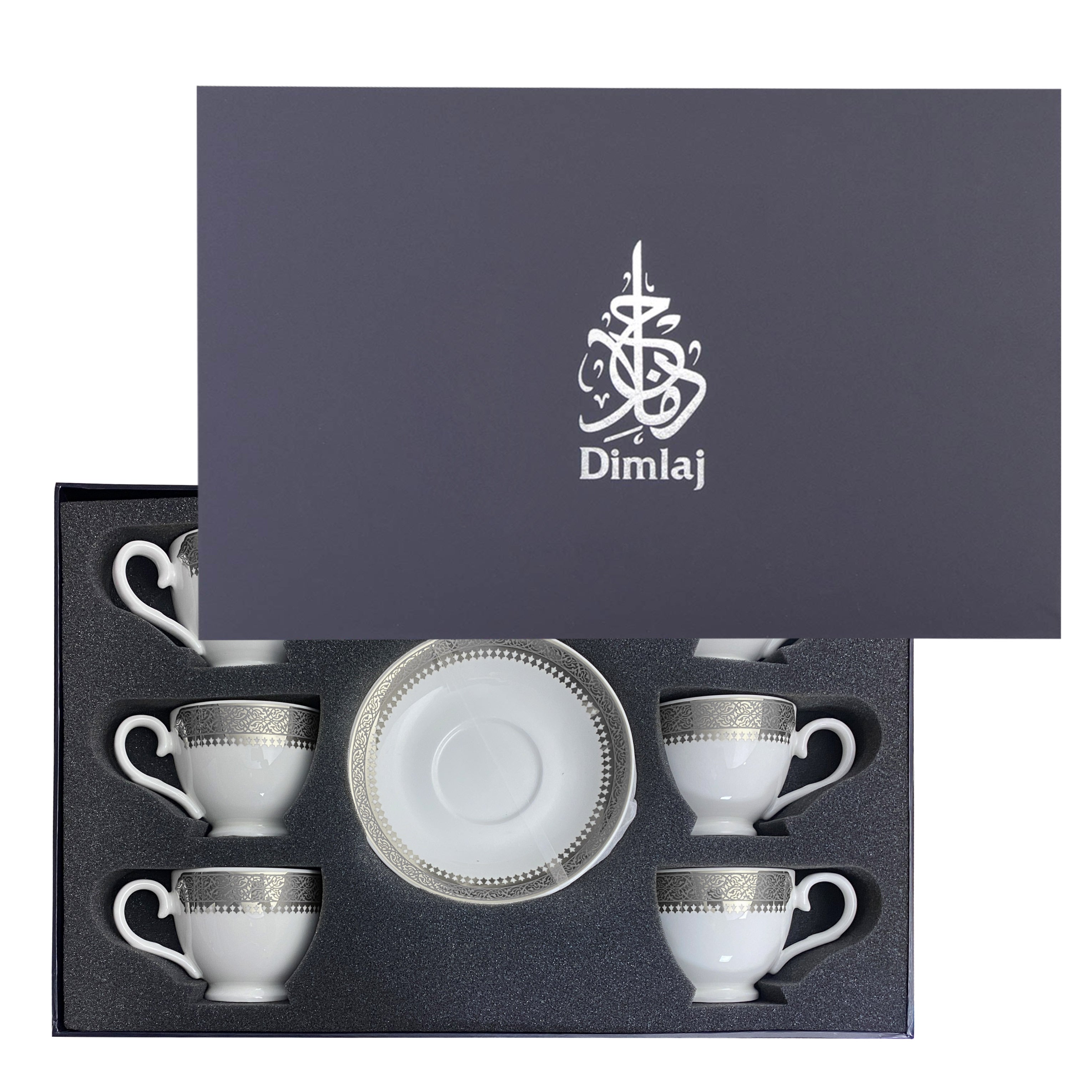 Dimlaj Cordoba 6-Piece Tea Cup Set in Platinum - Elegant Porcelain Tea Cups for Afternoon Tea, Gifts, and Home Decor
