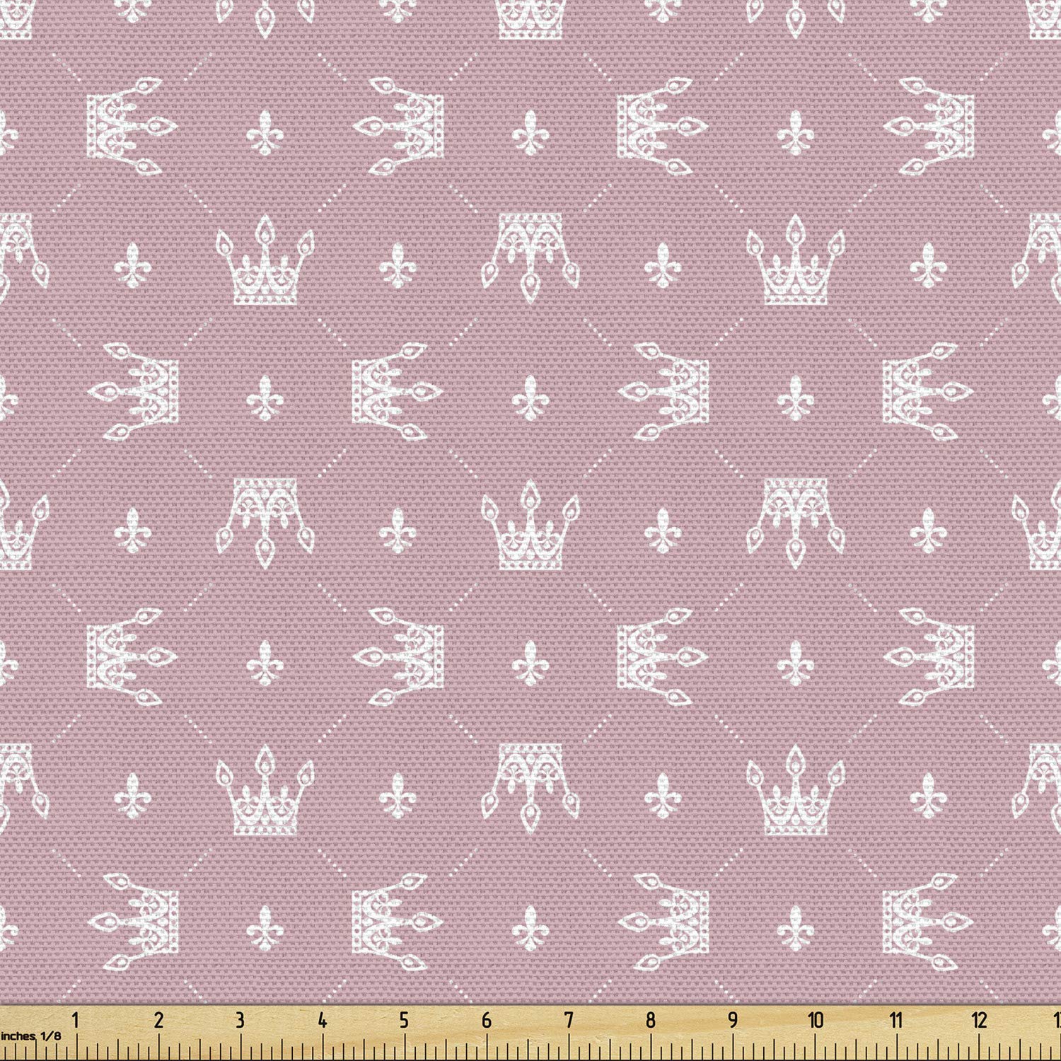 Ambesonne Royal Fabric by The Yard - Simplistic Retro Style with Cartoon Crowns & Fleur De Lis Pattern, Upholstery & Home Decor Fabric (3 Yards, Dried Rose/White) | Perfect for DIY Curtains, Throw Pillows & Vintage Home Decor