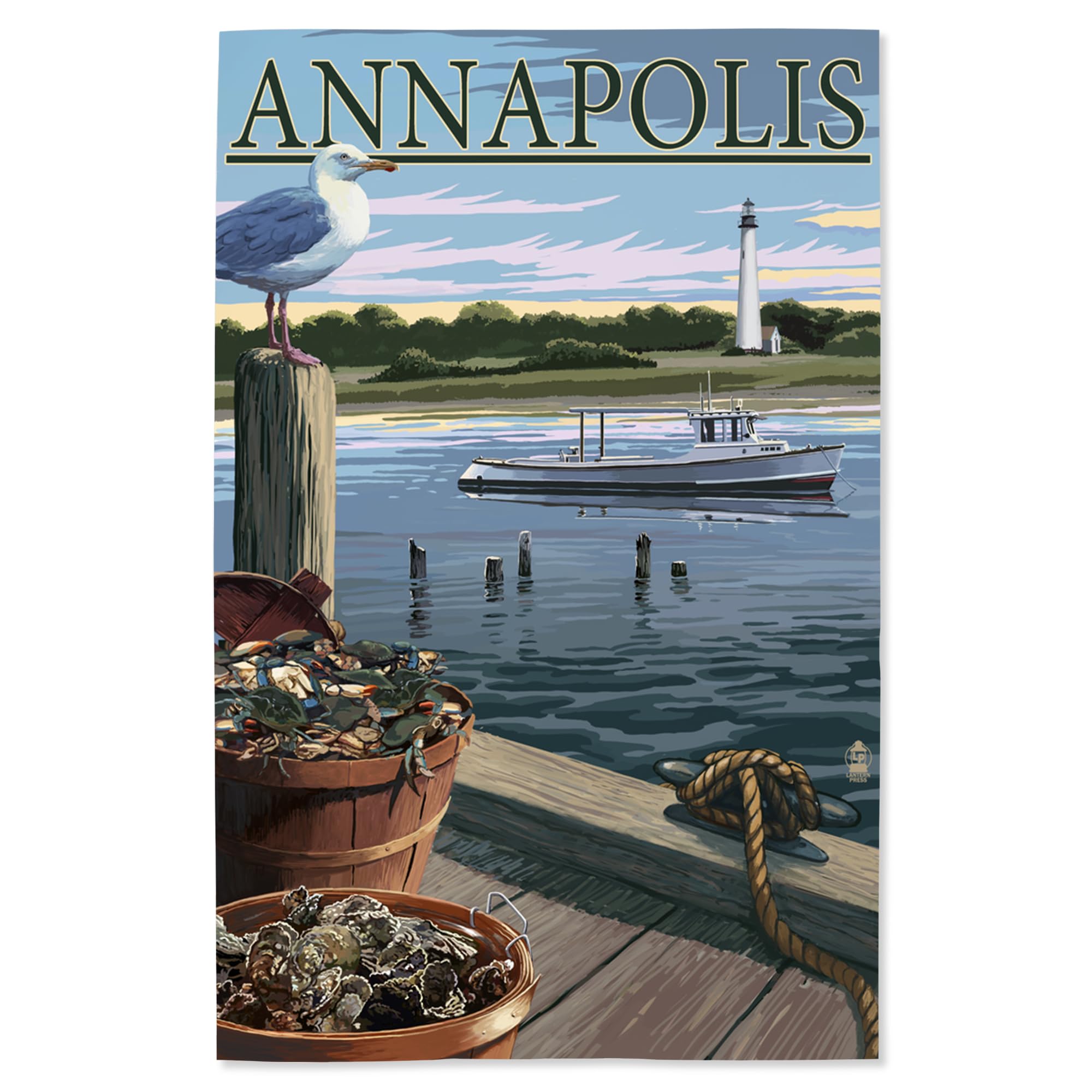 Lantern Press 16x24 Inch Giclee Art Print - Annapolis Maryland Blue Crab & Oysters on Dock - Coastal Wall Decor for Living Room, Kitchen or Beach House