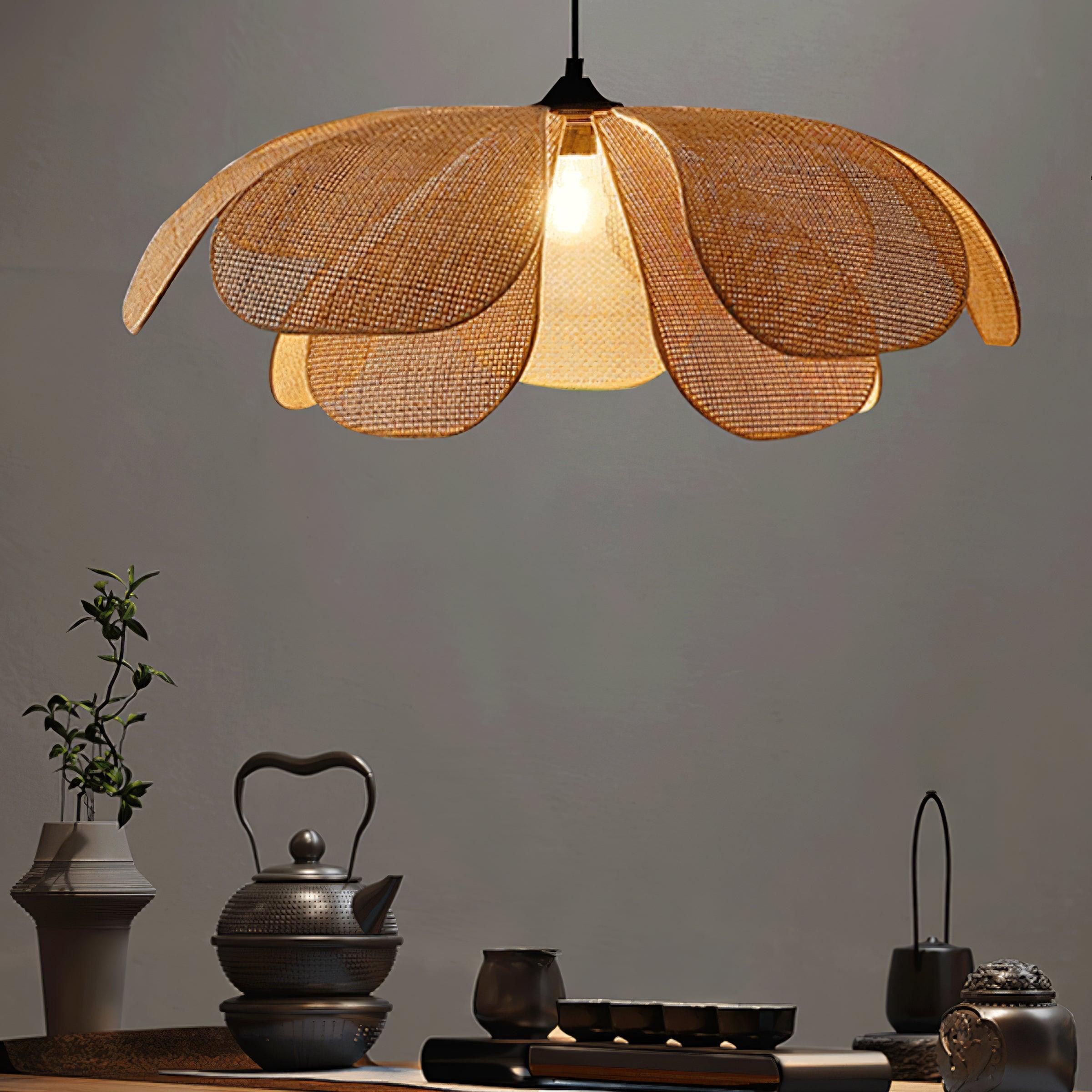 Handwoven Rattan Petal Pendant Light - Boho Chic Ceiling Lamp for Bedroom, Living Room & Dining Room Decor - Natural Wicker Hanging Light Fixture with Warm Ambient Glow