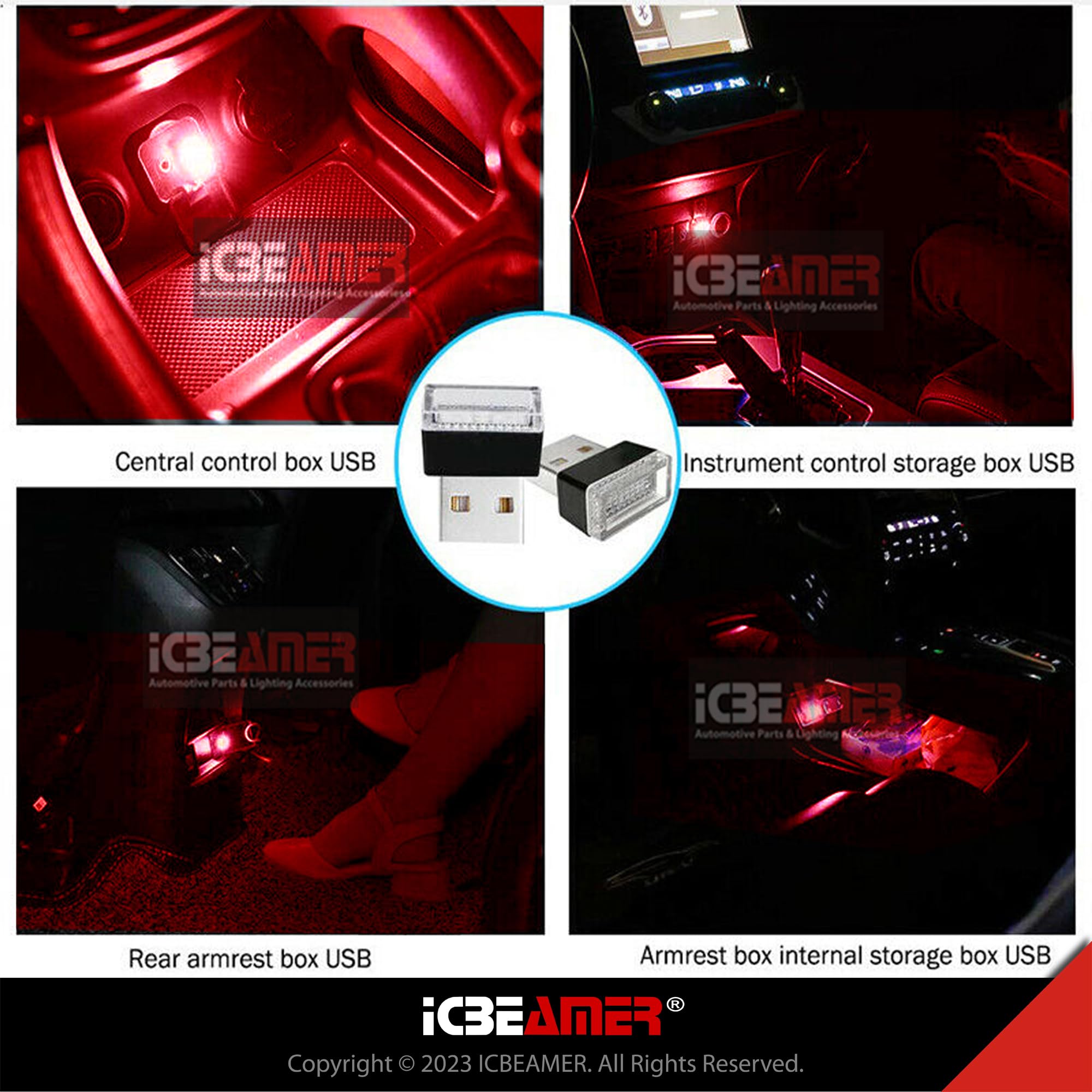 ICBEAMER Mini USB LED Light - Red | Direct Plug-in Nano Car Interior Ambient Lighting Kit with Universal Fit for Cars, Trucks & SUVs - Perfect for Dashboard, Footwell, Cup Holder & Trunk Lighting