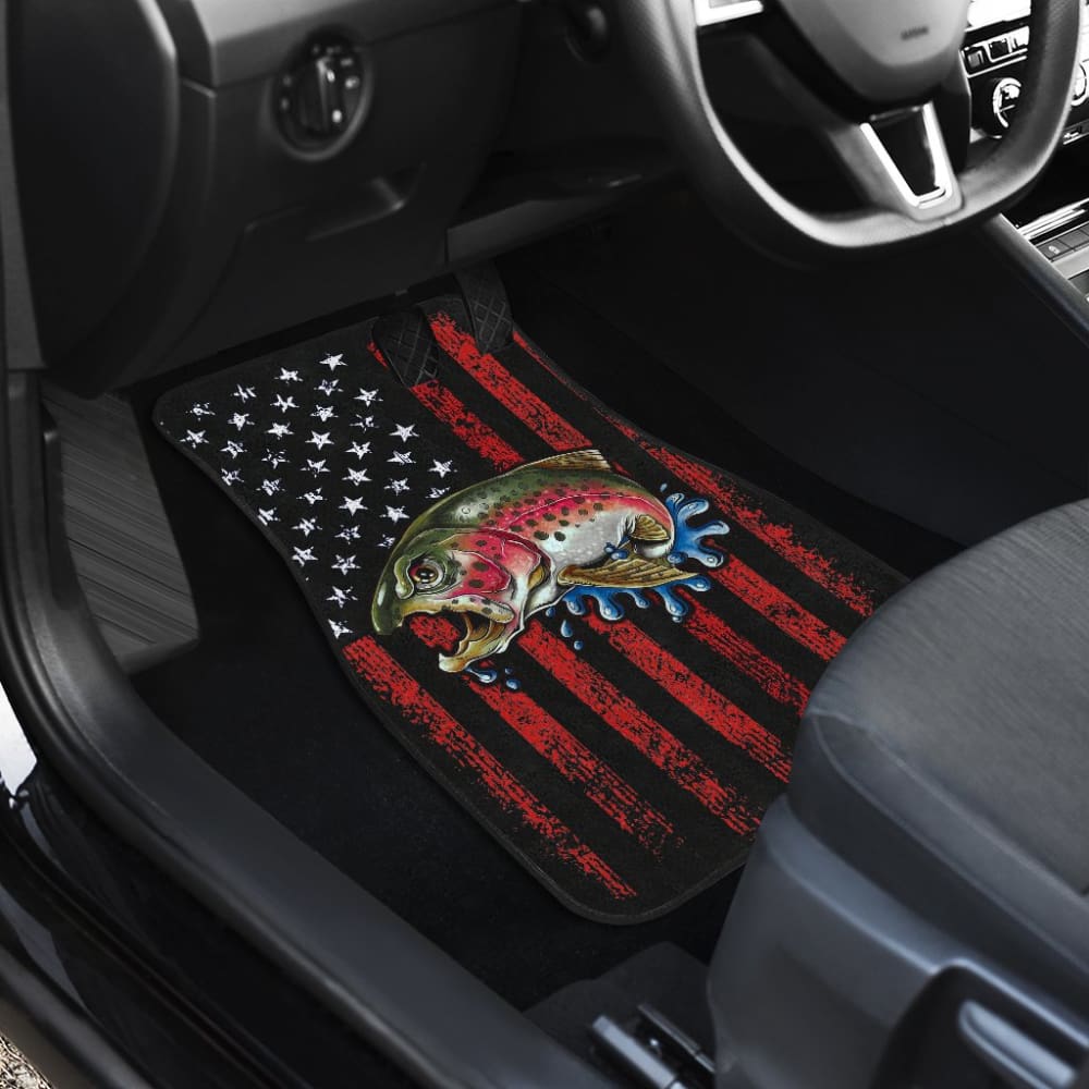 Premium Brook Trout Fishing American Flag Car Floor Mats - All-Weather Protection for Trucks & SUVs - Perfect for Outdoor Enthusiasts & Patriotic Drivers
