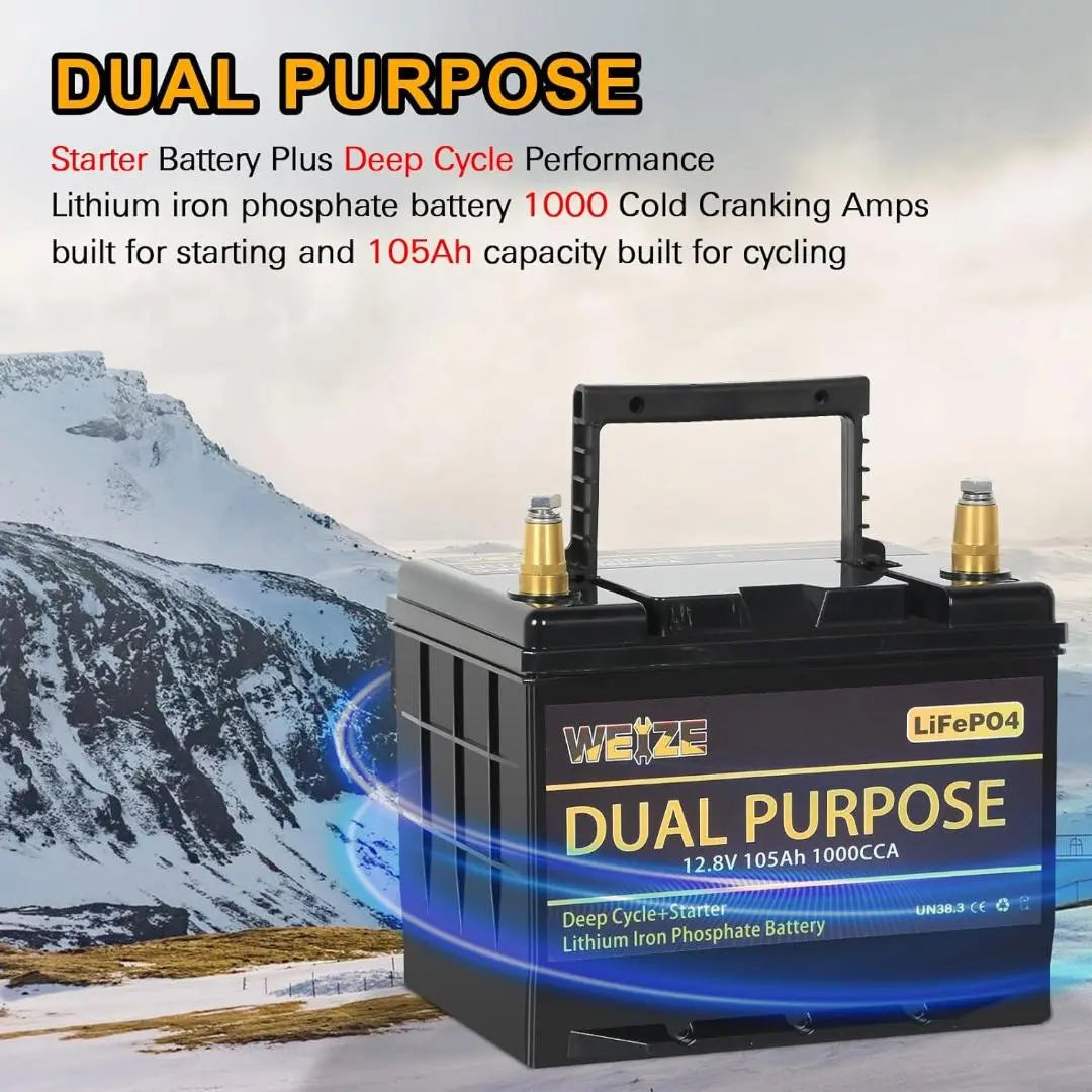WEIZE 12V 105AH LiFePO4 Lithium Battery - Dual Purpose Starter & Deep Cycle Battery for Marine, RV, Solar - Perfect for Boats, Campers, Off-Grid Power Systems