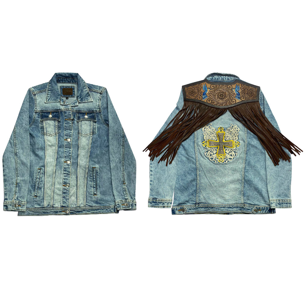 Genuine Leather Hand-Tooled & Hand-Carved Women's Denim Jacket - 100% Cotton Distressed Denim Dress for Ladies & Girls | Perfect for Casual Outfits, Boho Fashion & Vintage Style