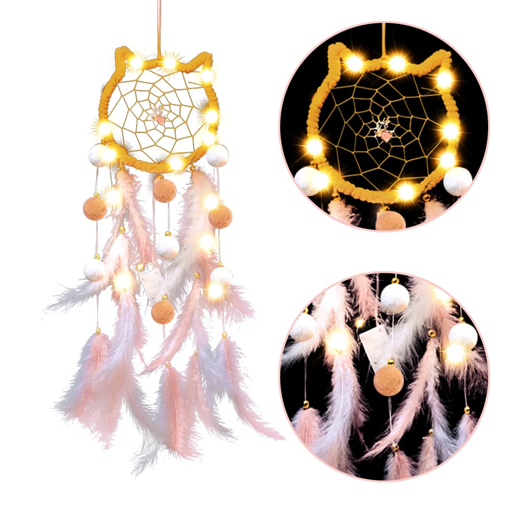 LED Light Up Feather Dream Catcher - Cat Shaped Night Light with Fairy String Lights for Bedroom Decor, Boho Wall Hanging for Girls, Boys, Kids & Adults | Perfect for Nursery, Dorm Room, Meditation Space & Gift Giving