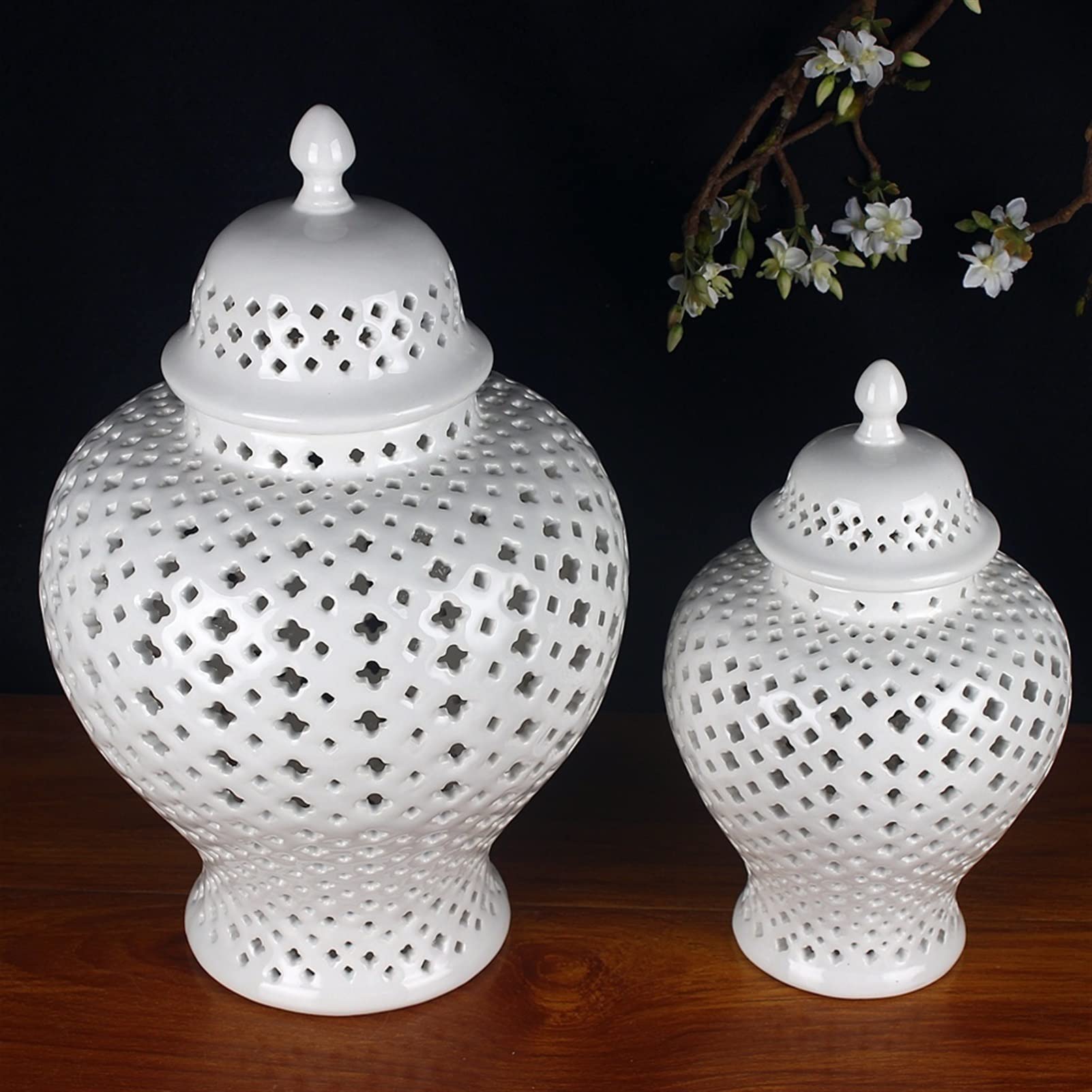 ARTLINE Traditional Chinese Ceramic Ginger Jar with Lid - Handmade White Glossy Carved Lattice Decorative Temple Jar | Carthage Pierced Covered Lantern | Perfect for Home Decor, Wedding Centerpieces & Asian-Inspired Interior Design