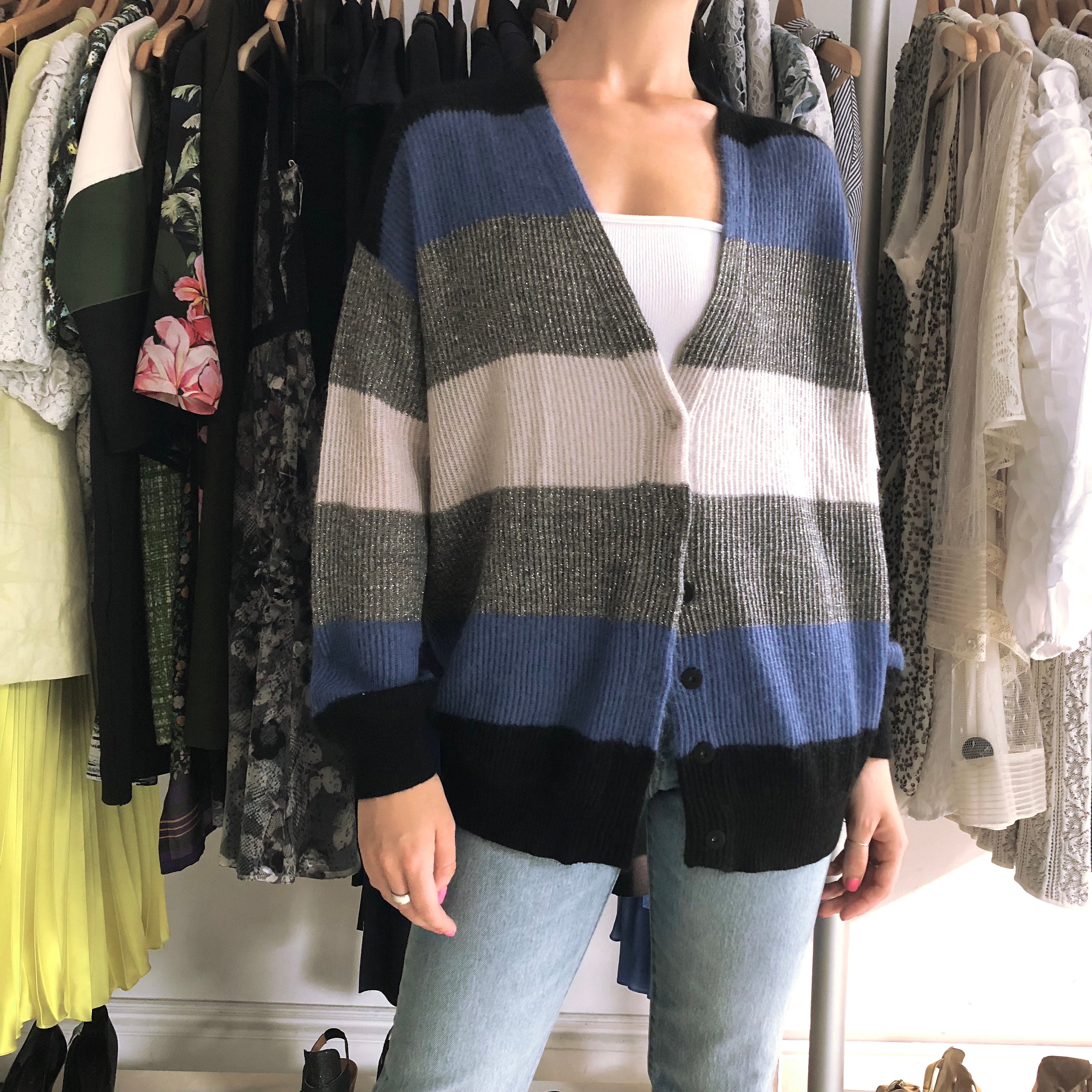Brunello Cucinelli Blue Grey Color Block Striped Cardigan Sweater for Women | Luxury Cashmere Blend | Perfect for Office Wear & Casual Outings