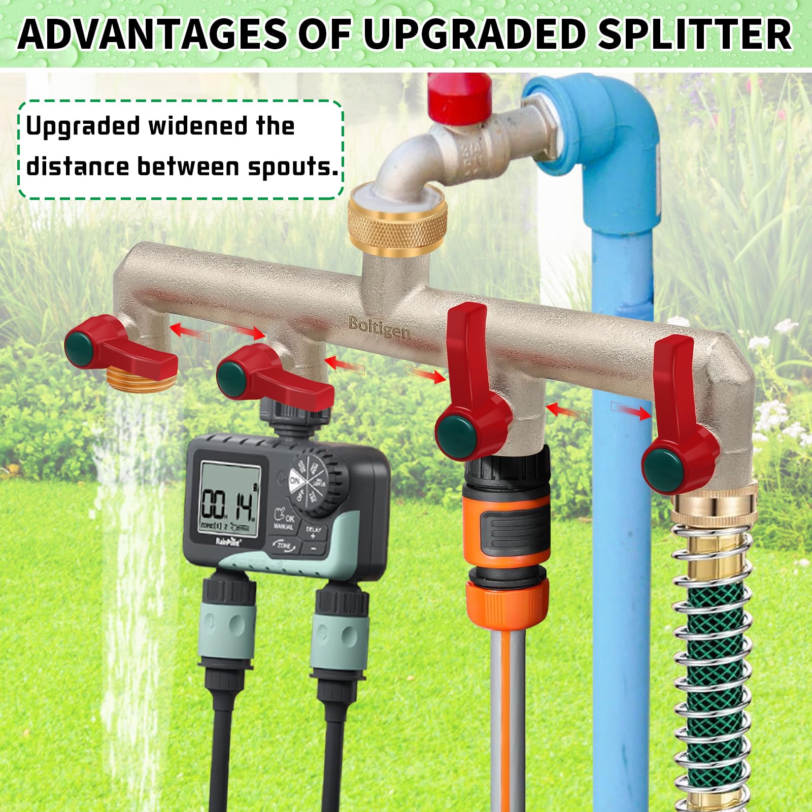 Boltigen 4-Way Brass Garden Hose Splitter with 4 On/Off Valves - 3/4