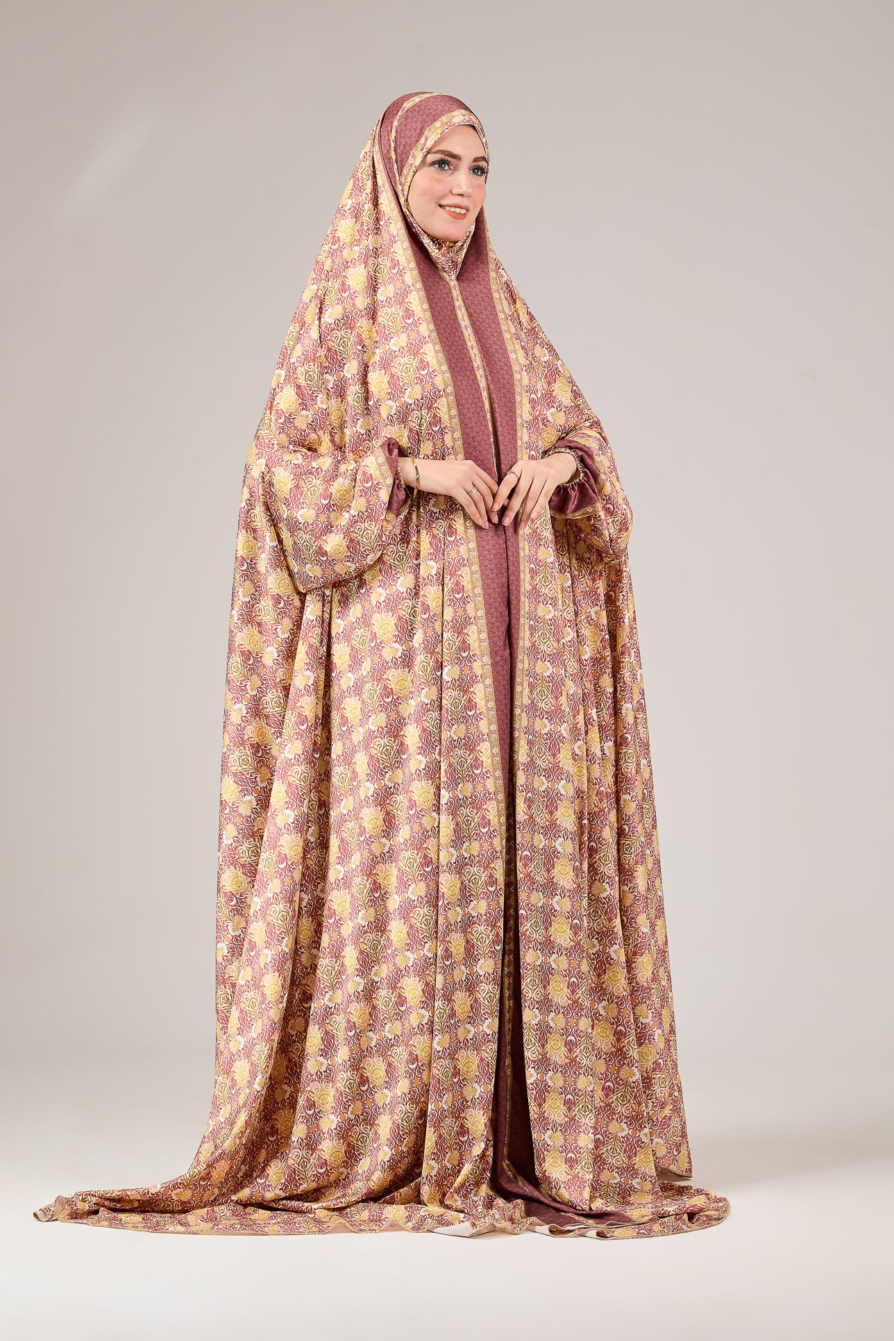 Elegant Satin Floral Prayer Gown with Elastic Cuffs - Comfortable Religious Attire for Church, Home Worship & Special Occasions