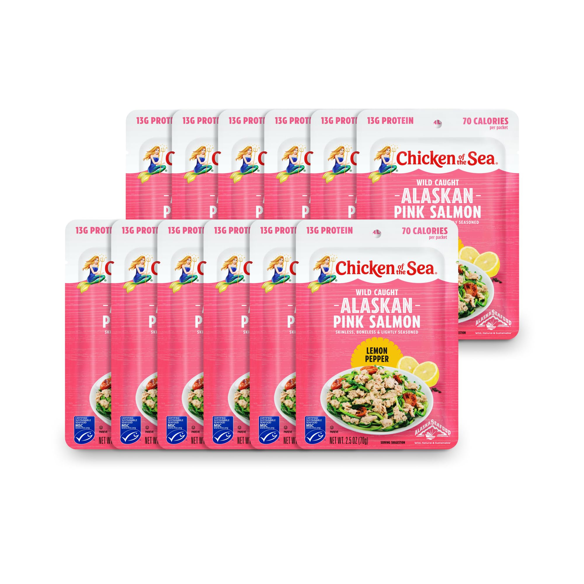Wild Caught Alaskan Pink Salmon Packets - Chicken of the Sea, 2.5oz (Box of 12), Lemon Pepper Flavor - Perfect for Camping, Salads & Quick Meals