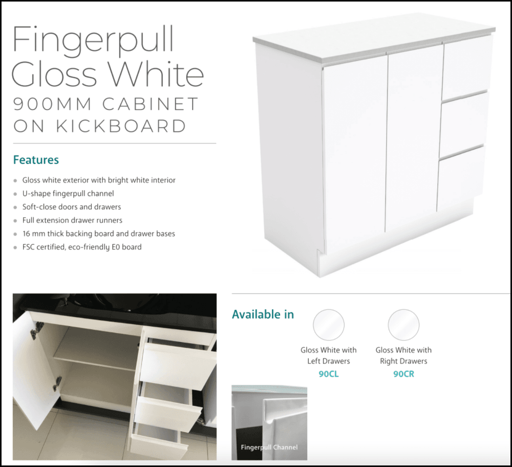 Fienza SC90CL 900mm White Undermount Vanity Unit with Crystal Pure Stone Top, Left Drawers & Fingerpull Kickboard – Perfect for Modern Bathroom & Powder Room Renovations