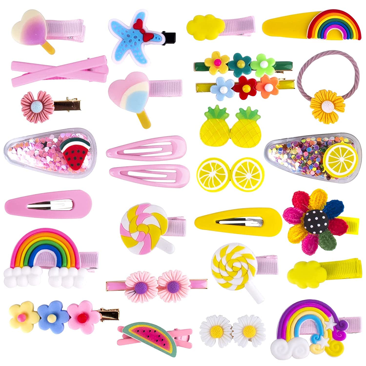 28PCS Cute Hair Clips for Girls - Colorful Rainbow Flower & Fruit Barrettes Set - Perfect Hair Accessories for Toddlers, Kids, Teens - Great for Birthday Parties, School, Daily Styling & Gift Giving