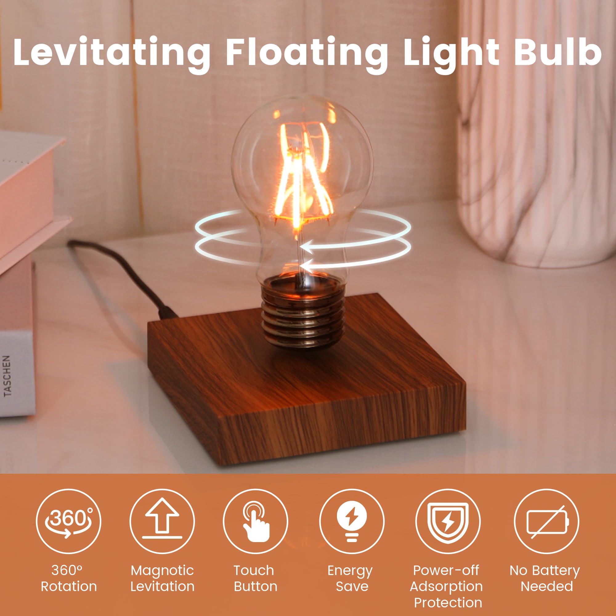 Levitating Lamp - Magnetic Floating LED Light Bulb with 360° Rotation, Wooden Base Desk Lamp for Home & Office | Unique Birthday & Christmas Gift Idea | Modern Night Light for Bedroom, Living Room & Workspace
