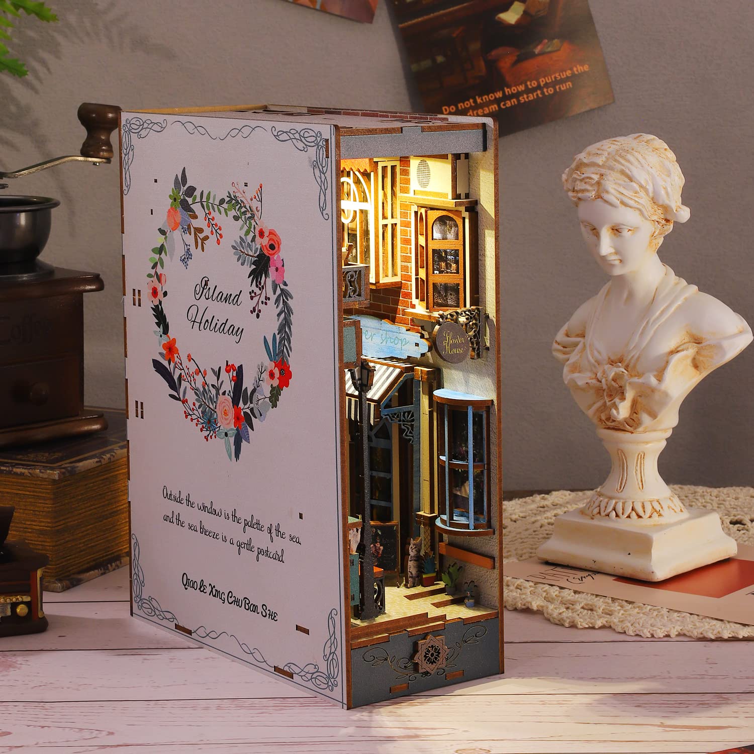 CUTEROOM DIY 3D Wooden Book Nook Kit with Sensor LED Light - Miniature Bookshelf Insert Decor Craft for Adults - Perfect Gift for Book Lovers & Home Office Decoration (SL010)