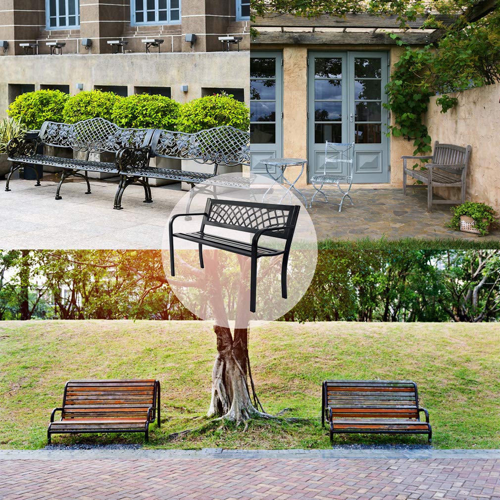 Sturdy Metal Garden Bench with Plastic Backrest & Armrests - Outdoor Patio Furniture for Yard, Porch, Park & Entryway - Durable Steel Frame Black Bench for Relaxing, Socializing & Enhancing Outdoor Spaces