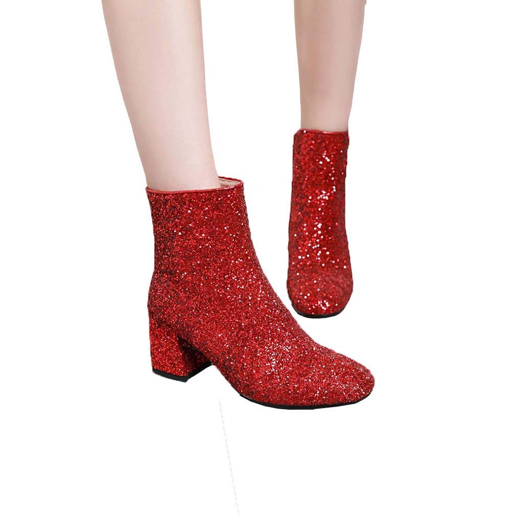 Elyffany Women's Glitter Ankle Boots with Mid Block Heel & Side Zipper - Perfect for Party, Prom, Night Out & Special Occasions