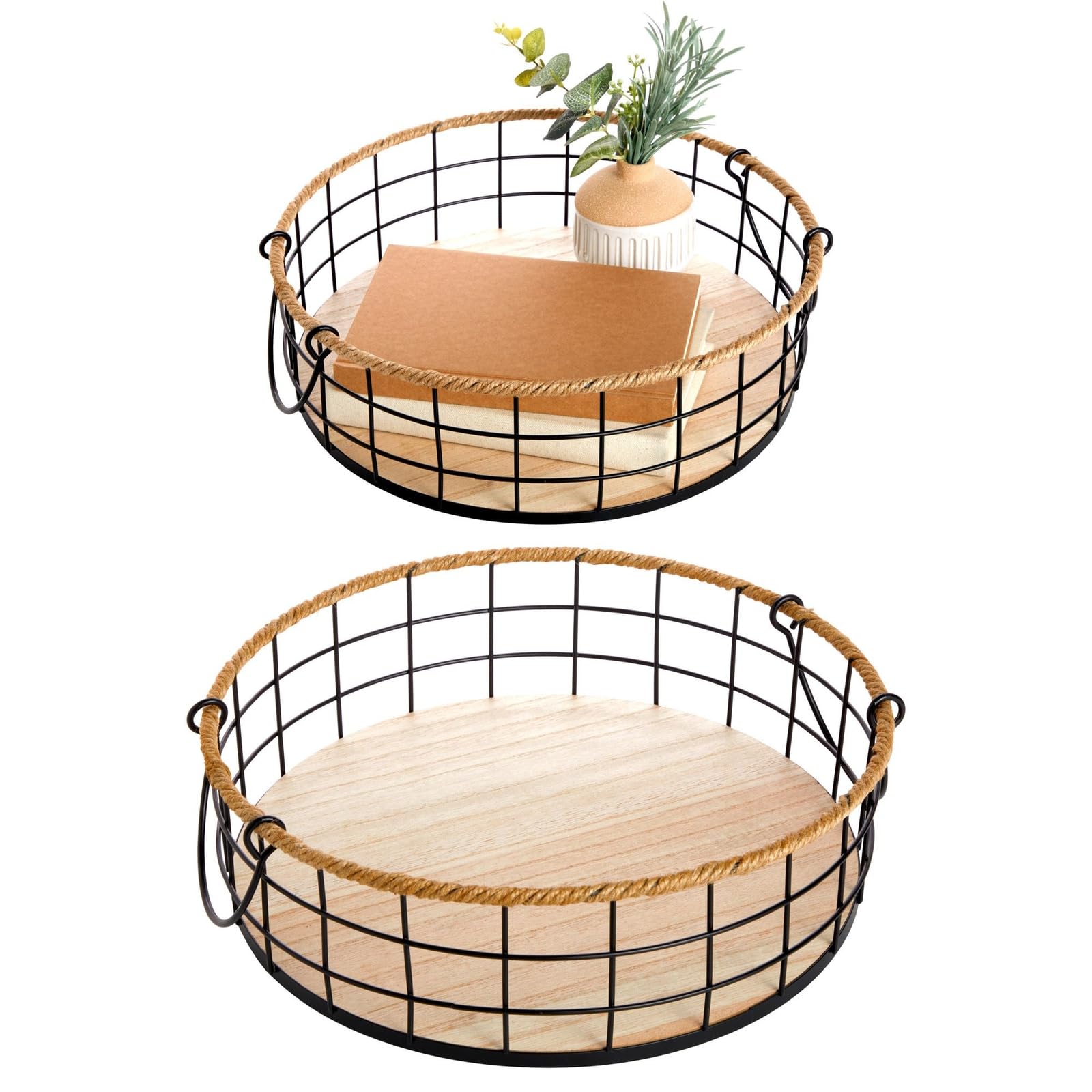 Juvale 2-Pack Round Wire Baskets with Handles - Metal Storage Trays for Home Organization & Decor (2 Sizes) - Perfect for Kitchen, Bathroom & Office Storage