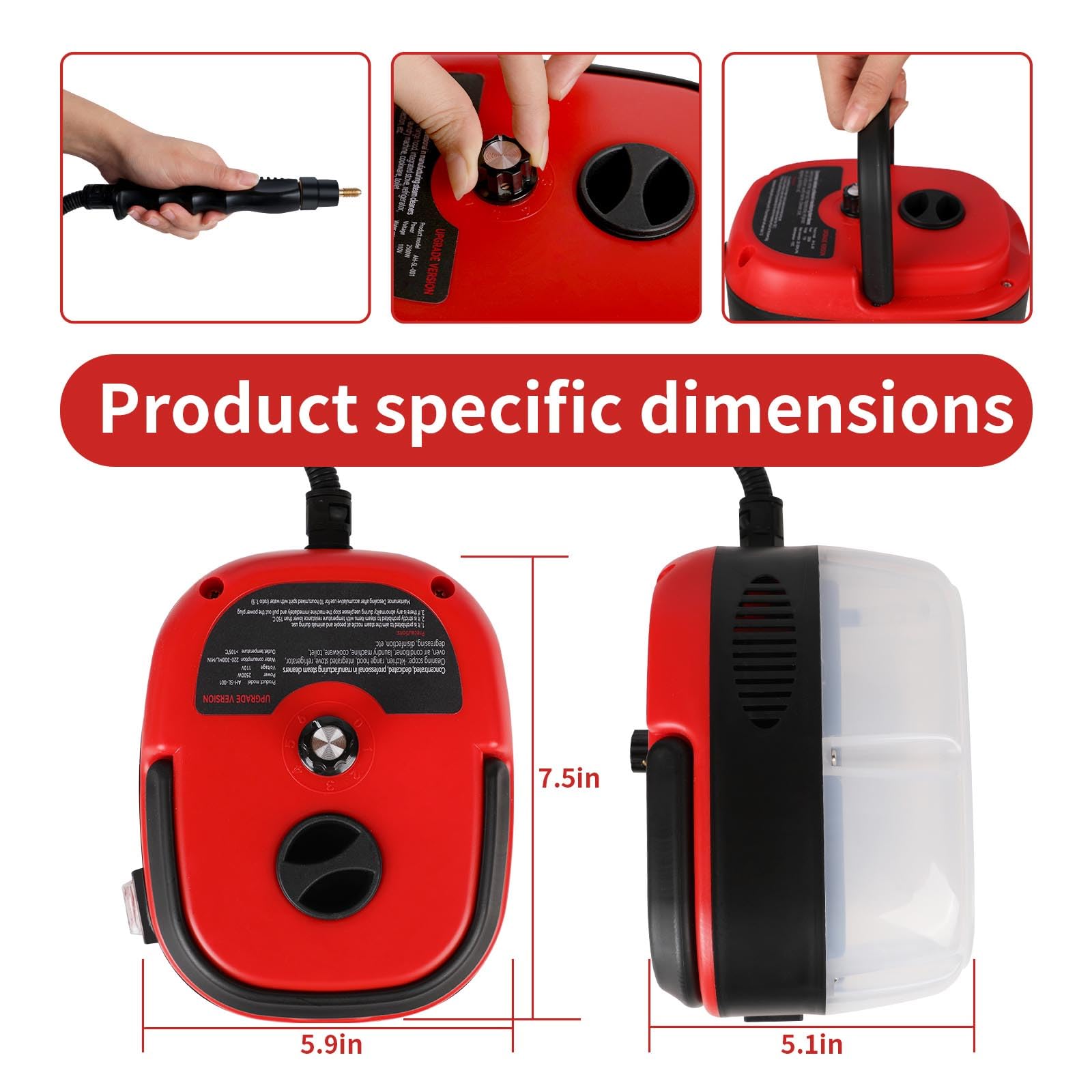 2500W Handheld Steam Cleaner with 3 Brush Heads - Portable Pressurized Steam Cleaner for Home, Car, Kitchen, Bathroom & Furniture - Perfect for Deep Cleaning Floors, Upholstery, Tiles & More - Red