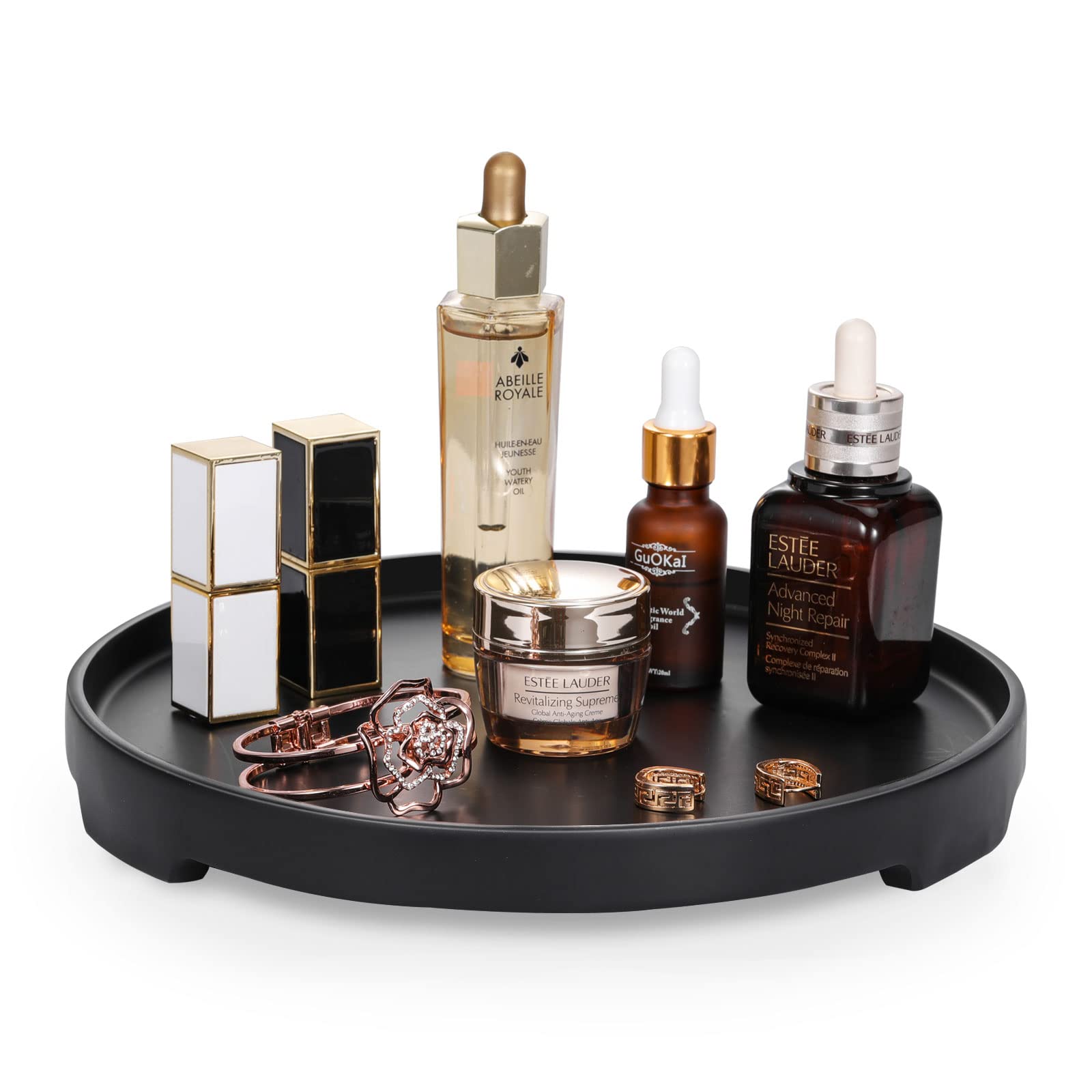 MoKo Vanity Tray - Round Resin Decorative Catchall Organizer for Jewelry, Cosmetics & Bathroom Essentials - Frosted Black Storage Tray for Dresser, Countertop & Vanity - Perfect for Bedroom, Bathroom & Living Room Organization