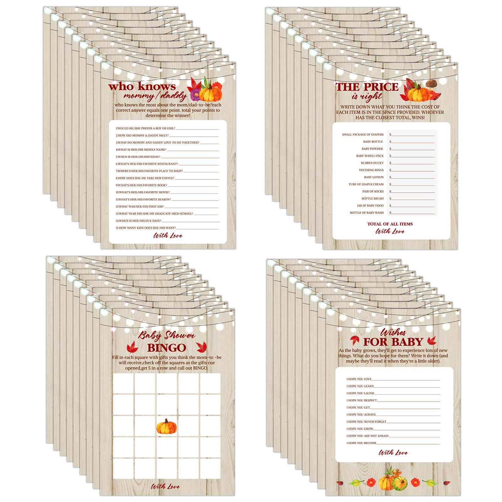 100pcs Pumpkin Fall Baby Shower Games Set - Bingo, The Price is Right & Guess Cards for Gender Reveal Party Favors (Boy/Girl) | Perfect for Autumn Baby Showers, Gender Reveals & Family Game Nights