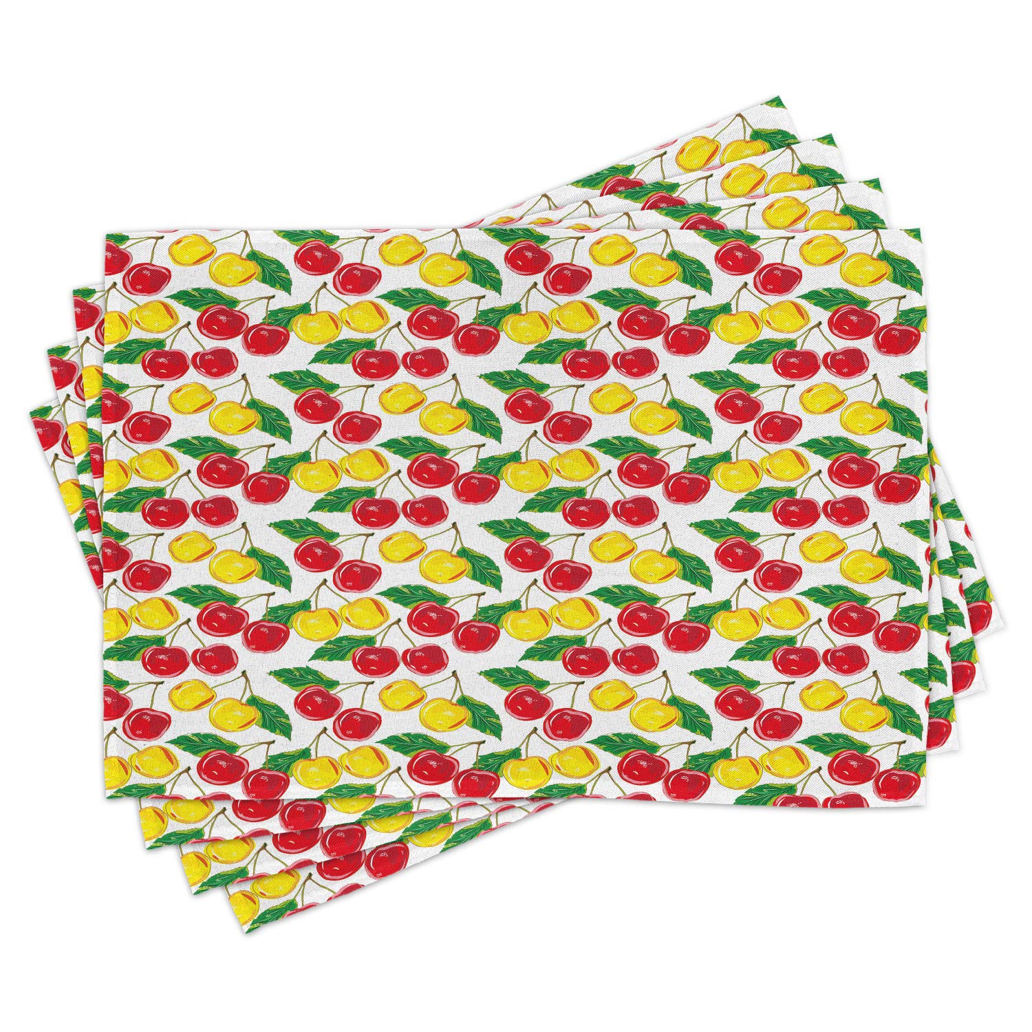 Ambesonne Fruit Placemats Set of 4 - Colorful Cherries with Leaves Pattern, Washable Fabric Dining Table Mats for Kitchen & Dining Room Decor (Red, Yellow, Green) - Perfect for Summer Parties, Picnics & Family Gatherings