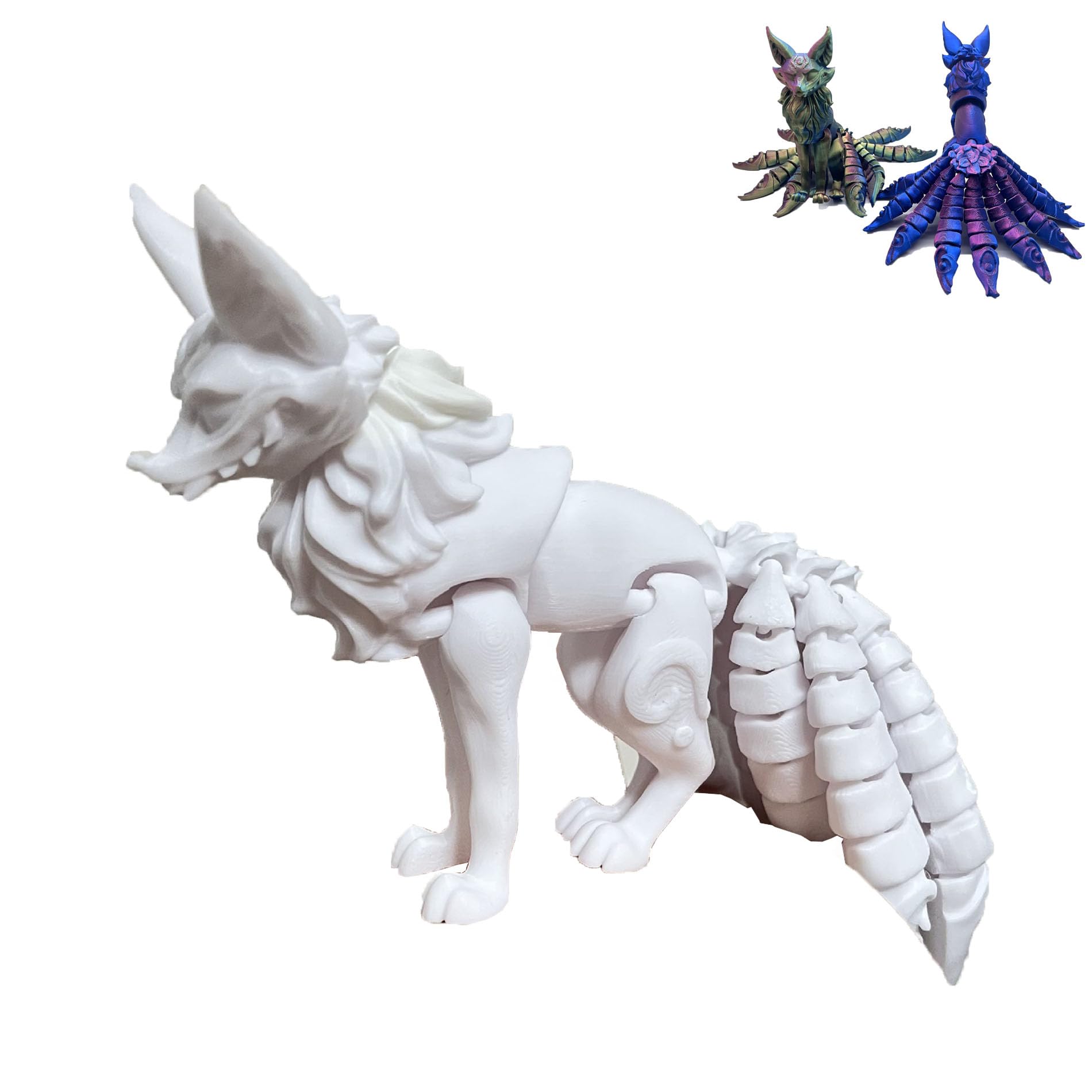 3D Printed Fox & Nine-Tailed Fox Articulated Fidget Toy - Flexible Animal Desk Decor for Home, Office & Car Dashboard (White) | Stress Relief & Focus Aid for Adults & Kids