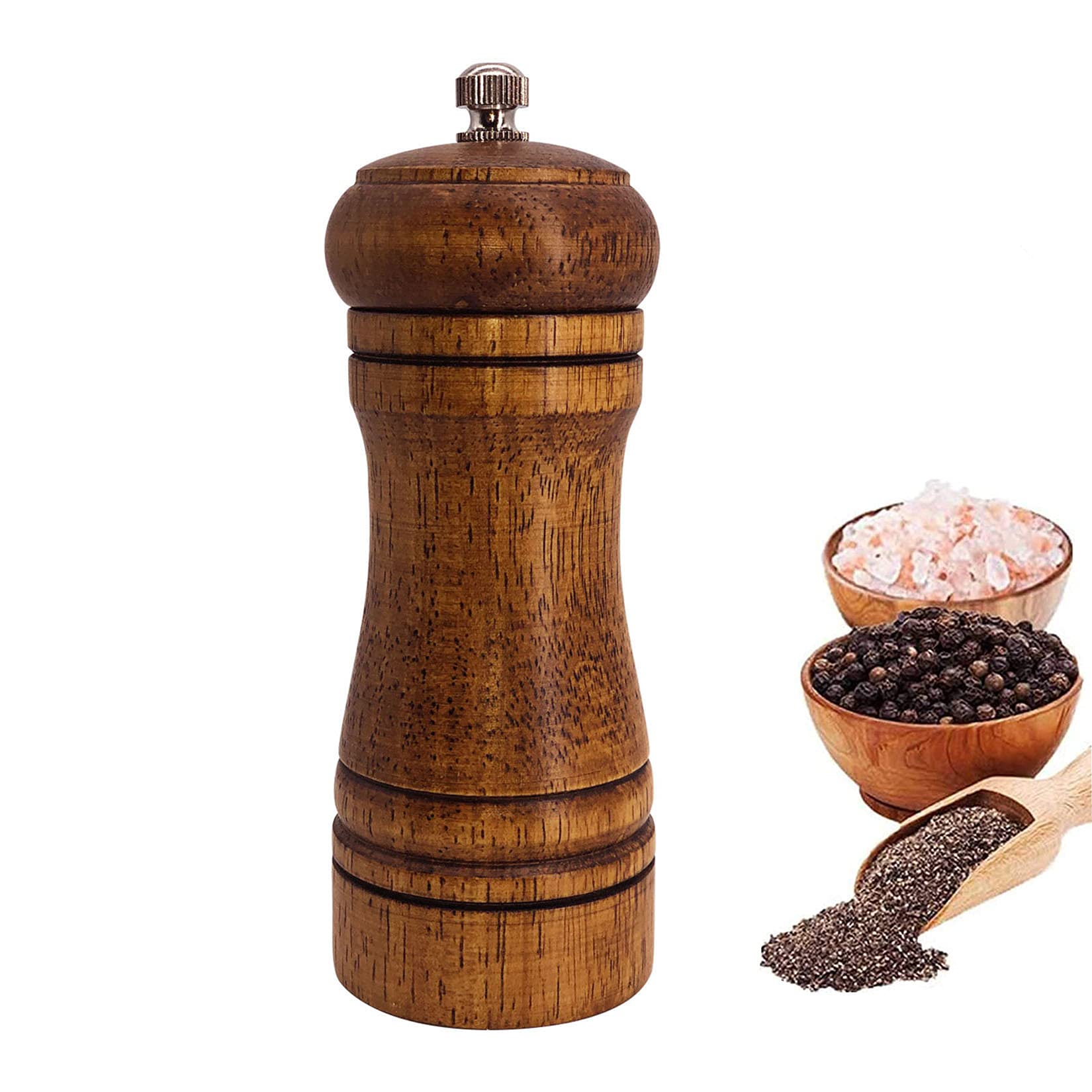 Premium Wooden Pepper Mill with Ceramic Burr - Adjustable Coarseness, Durable Manual Spice Grinder - Easy Refill, 5 Inch Brown - Perfect for Kitchen, Dining Table & Gourmet Cooking
