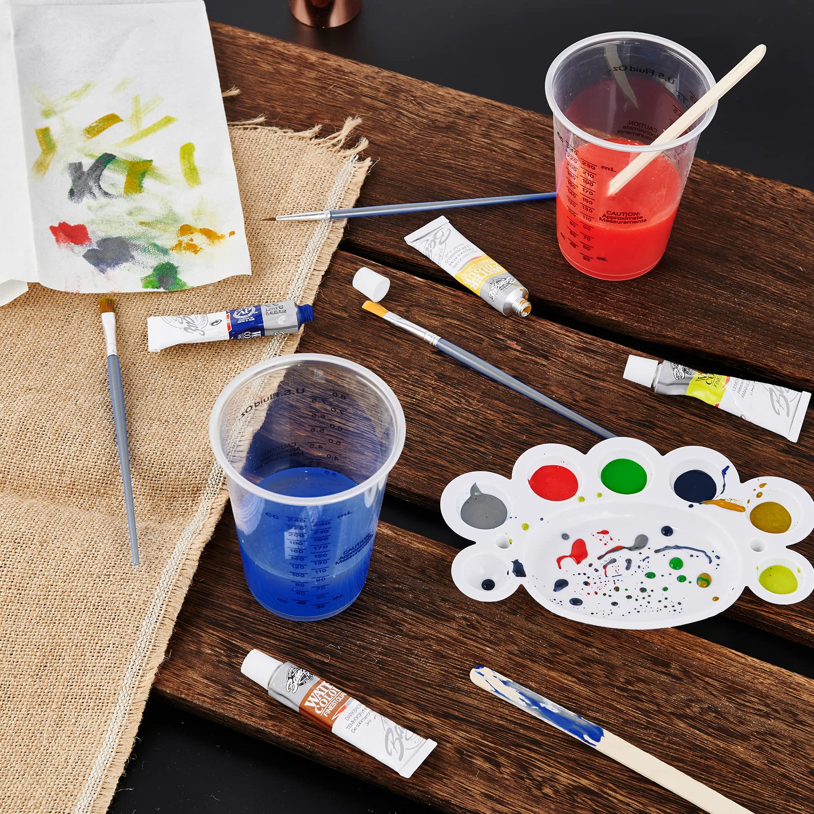 100 Pack 8 oz Plastic Measuring Cups with Wooden Sticks - Disposable Mixing Cups for Epoxy Resin, Paint, Cooking & Baking - Perfect for DIY Crafts, Liquid Measurement & Kitchen Use
