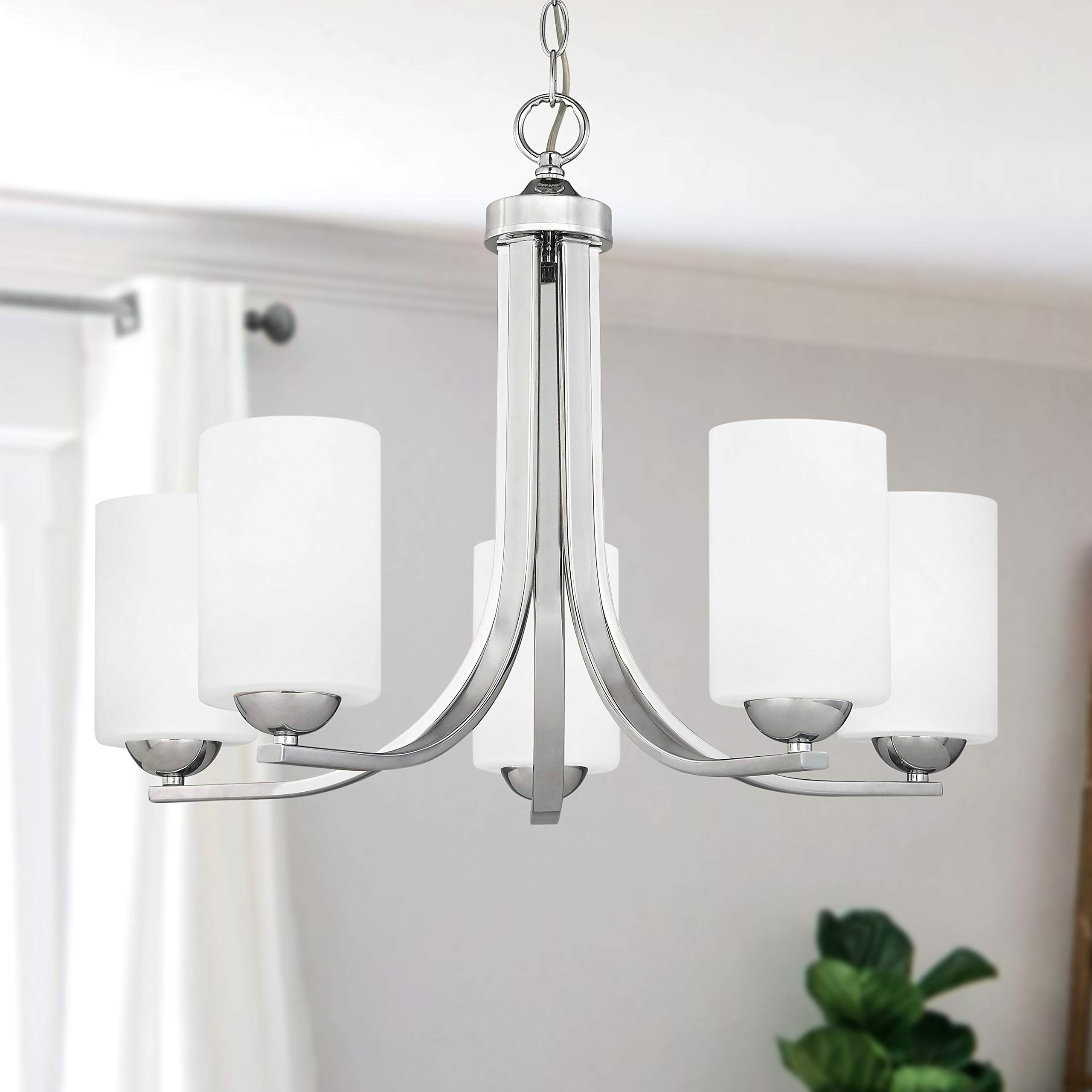 Modern Chrome Chandelier with 5 White Cylinder Glass Shades - Elegant Ceiling Light Fixture for Dining Room, Bedroom, or Living Room Decor