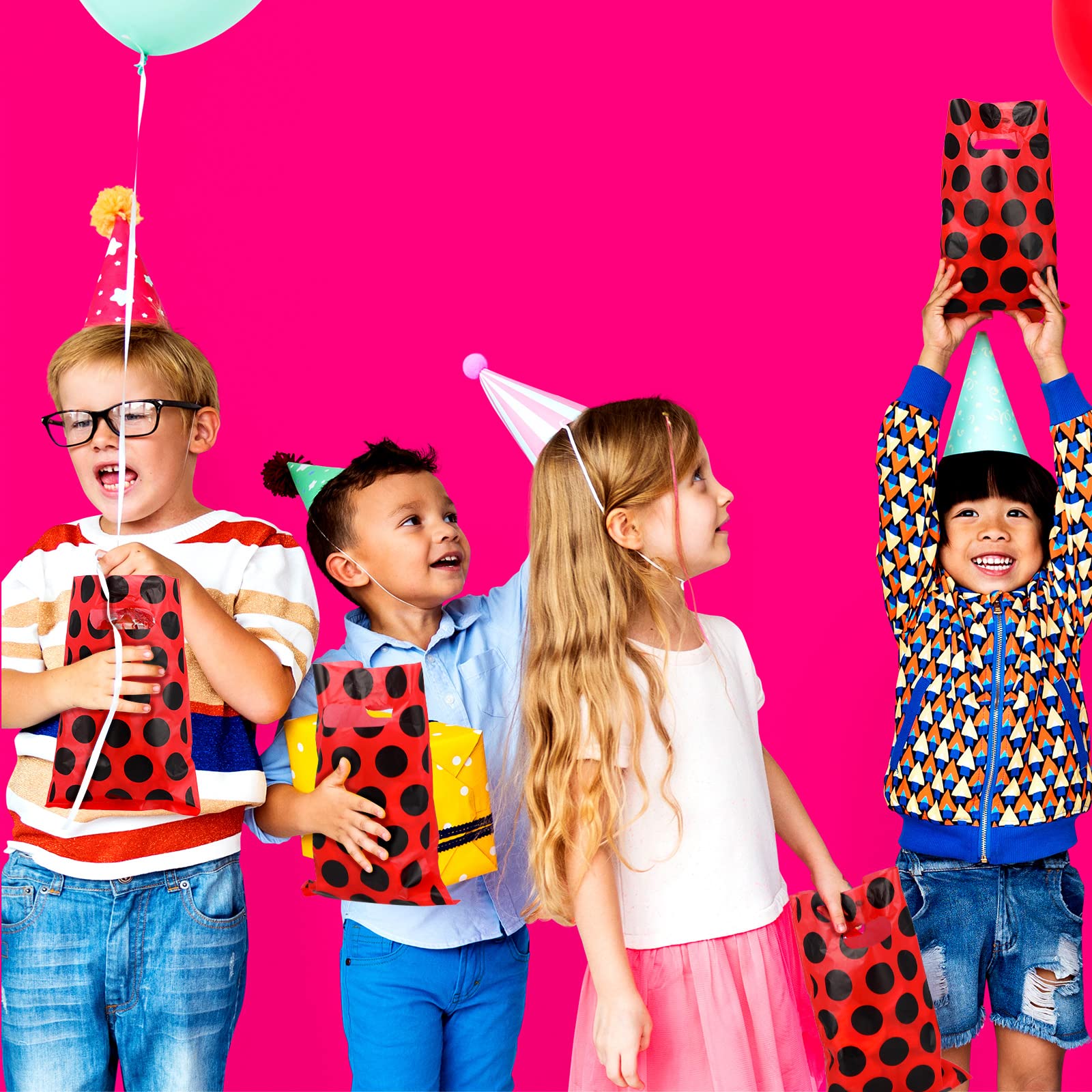 100 Pcs Ladybug Gift Bags - Watermelon Themed Red & Black Polka Dot Party Supplies for Birthdays, Weddings, Baby Showers | Perfect for Candy, Favors & Decorations | Cute Bug-Themed Celebration Accessories
