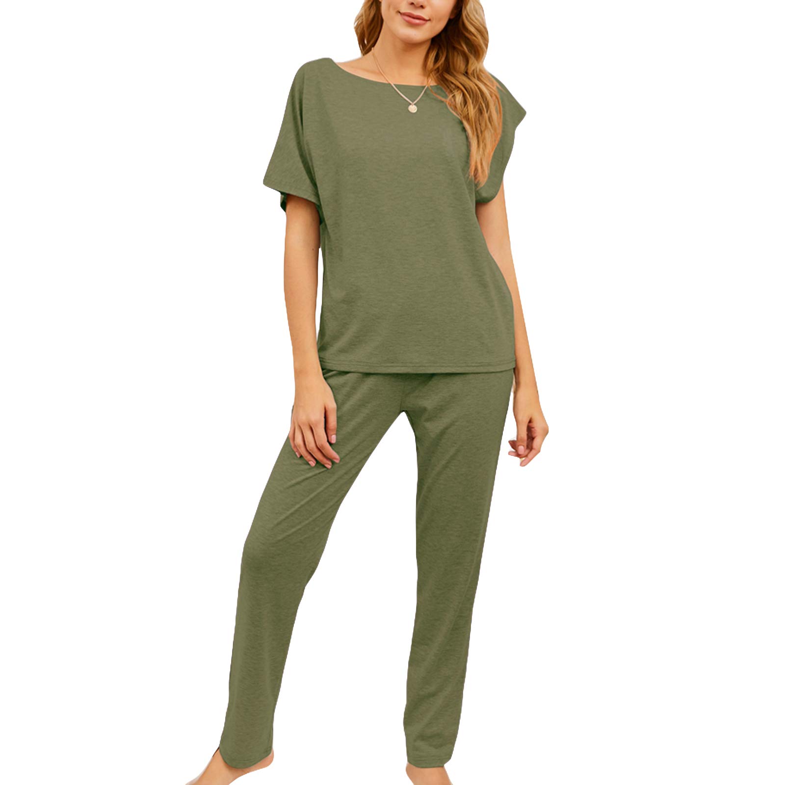 HUHOO Women's Ribbed Knit Pajama Set - Short Sleeve Sleepwear for Home & Lounge