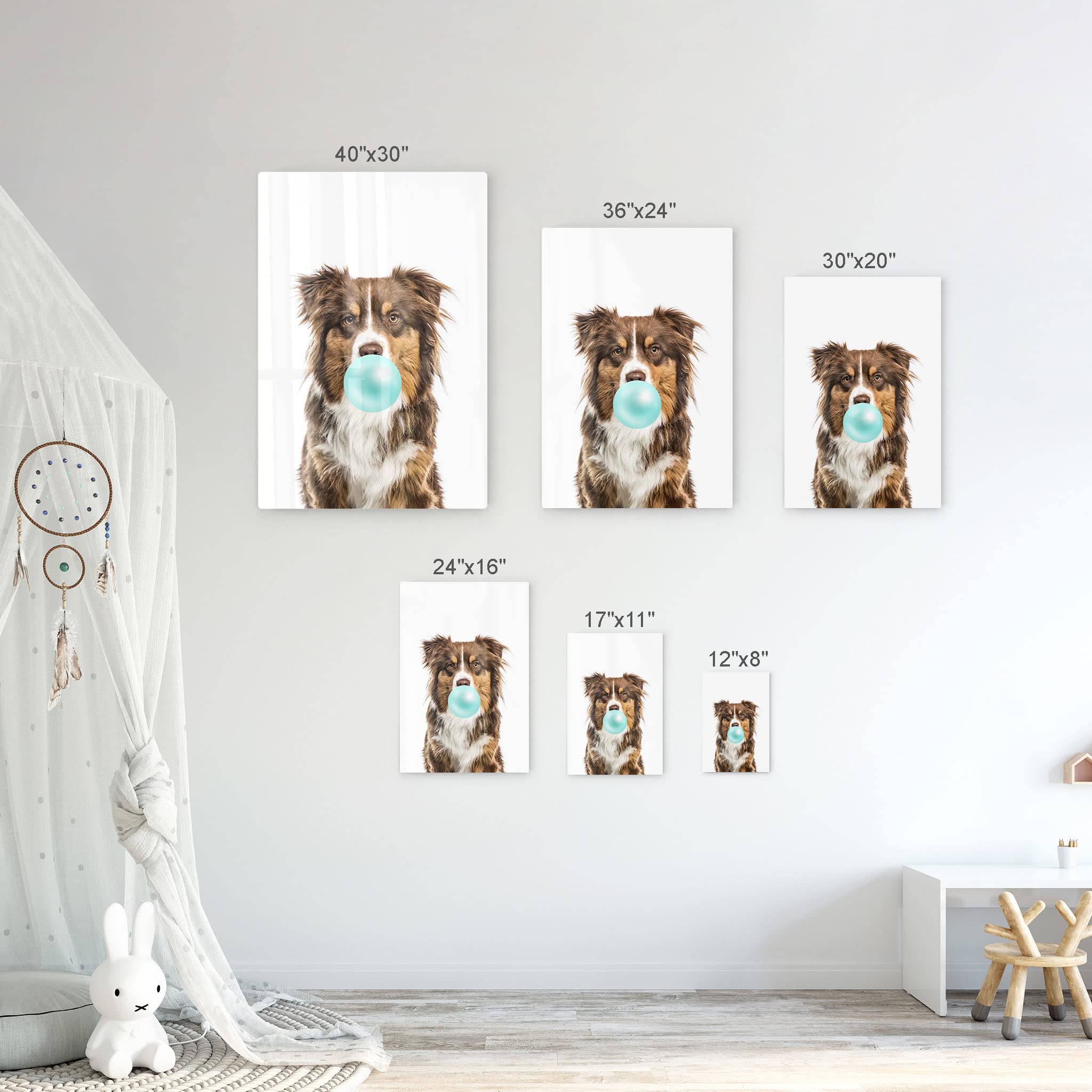 Australian Shepherd Dog Chewing Bubble Gum Metal Wall Art Print - Pet Lover Gift, Pop Art Decor for Living Room, Bedroom, Nursery (24x16) - Perfect for Dog Lovers & Home Decor