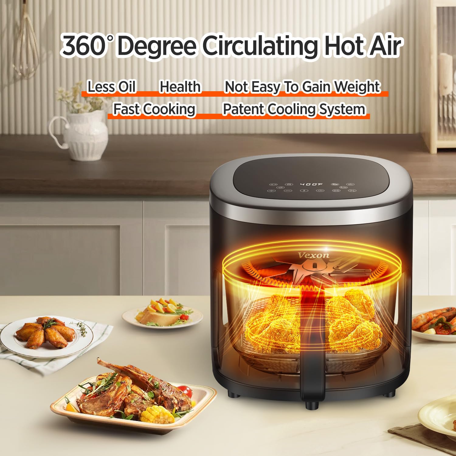 Vexon 6-IN-1 Glass Air Fryer Oven - 4.5QT Large Capacity with Viewing Window for Air Frying, Roasting, Reheating & Dehydrating | Nonstick Dishwasher Safe Basket, Digital Timer & 97% Less Oil Technology | Perfect for Healthy Cooking, Meal Prep & Family Dinners