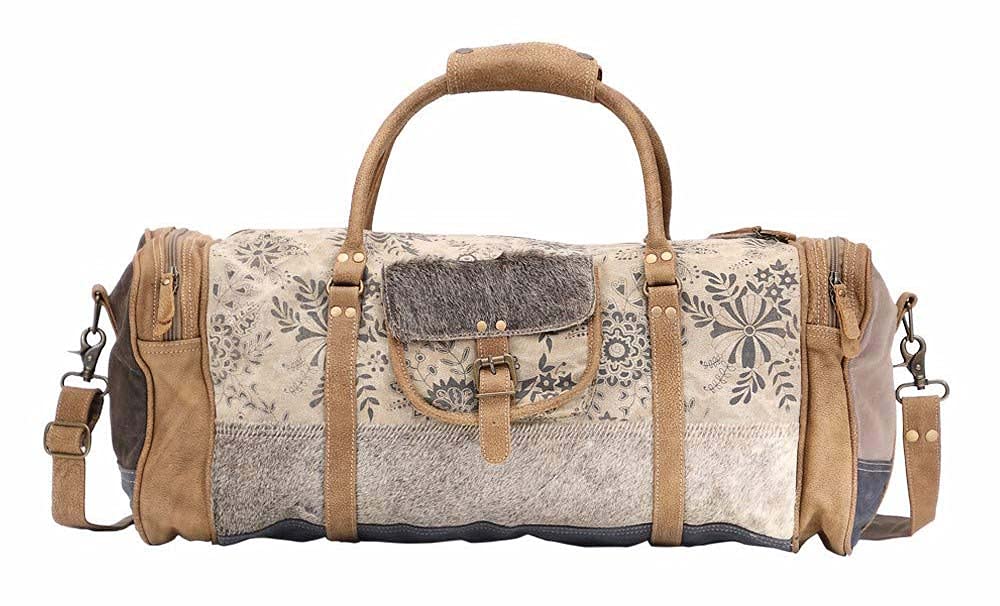 Myra Bag Traverse Upcycled Canvas & Cowhide Travel Duffel Bag S-1508 - Stylish Eco-Friendly Weekender for Camping, Gym & Air Travel
