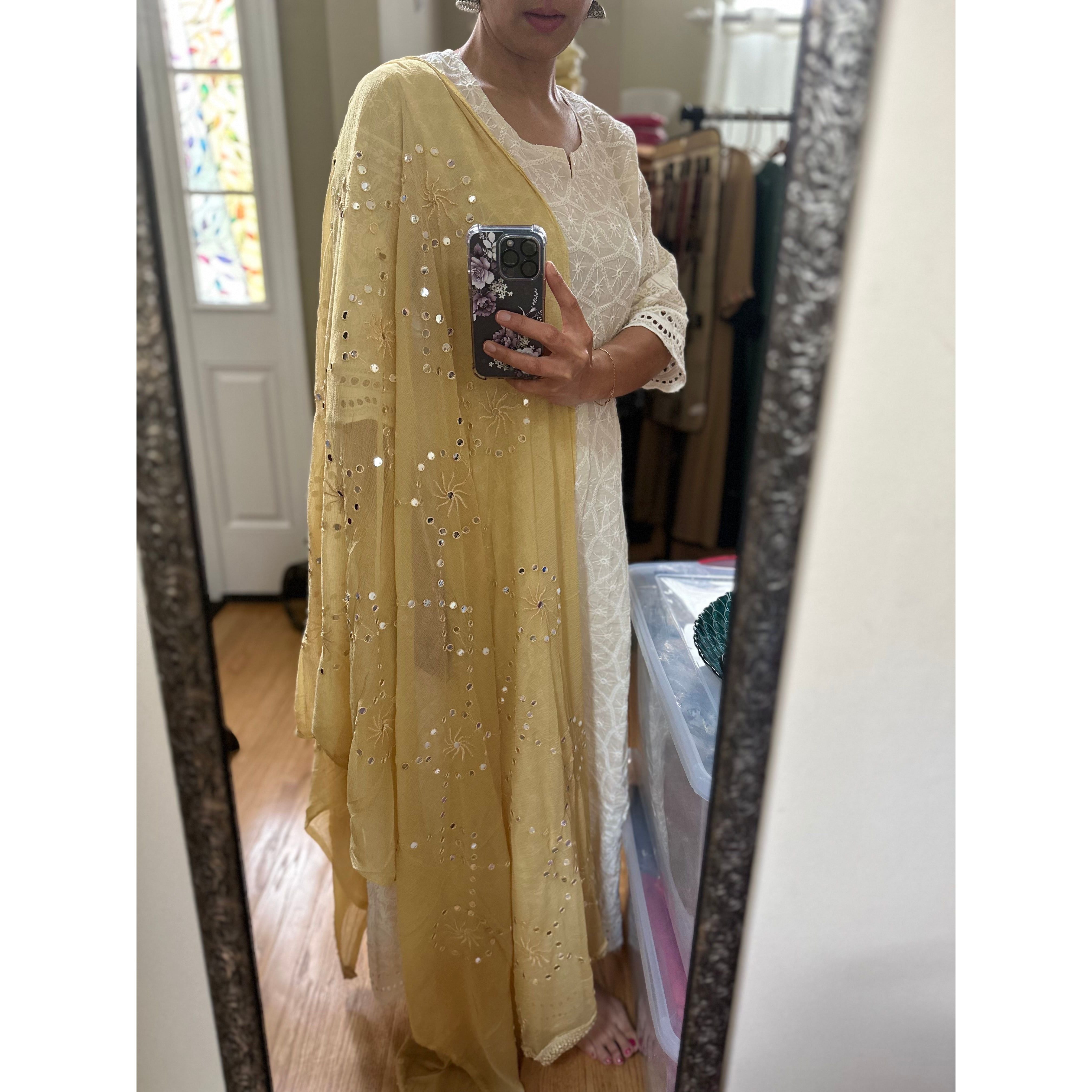 Elegant Gold Dupatta with Mirror Embroidery - Perfect for Weddings, Parties & Festive Occasions