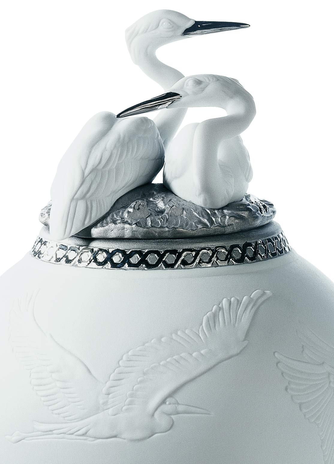 LLADRÓ Herons Realm Covered Vase Figurine - Silver Lustre Porcelain Vase for Home Decor & Luxury Gift | Elegant Table Centerpiece for Living Room & Wedding Decor