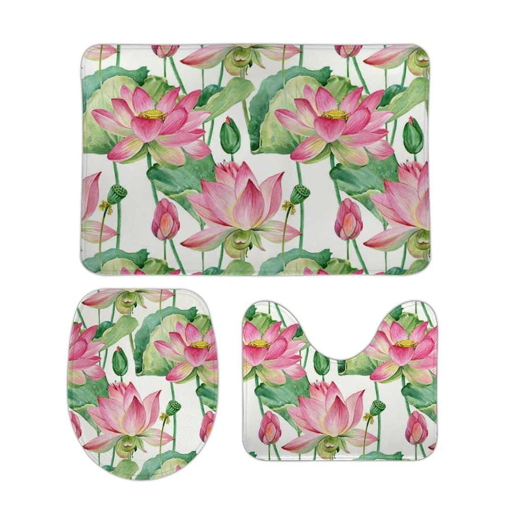 Lotus Flower Bathroom Rug Set - Ultra Soft Coral Fleece Bath Mat, Toilet Seat Cover & Lined Sponge - Absorbent, Non-Slip, Machine Washable 3-Piece Bath Decor for Cozy Home & Spa-Like Experience