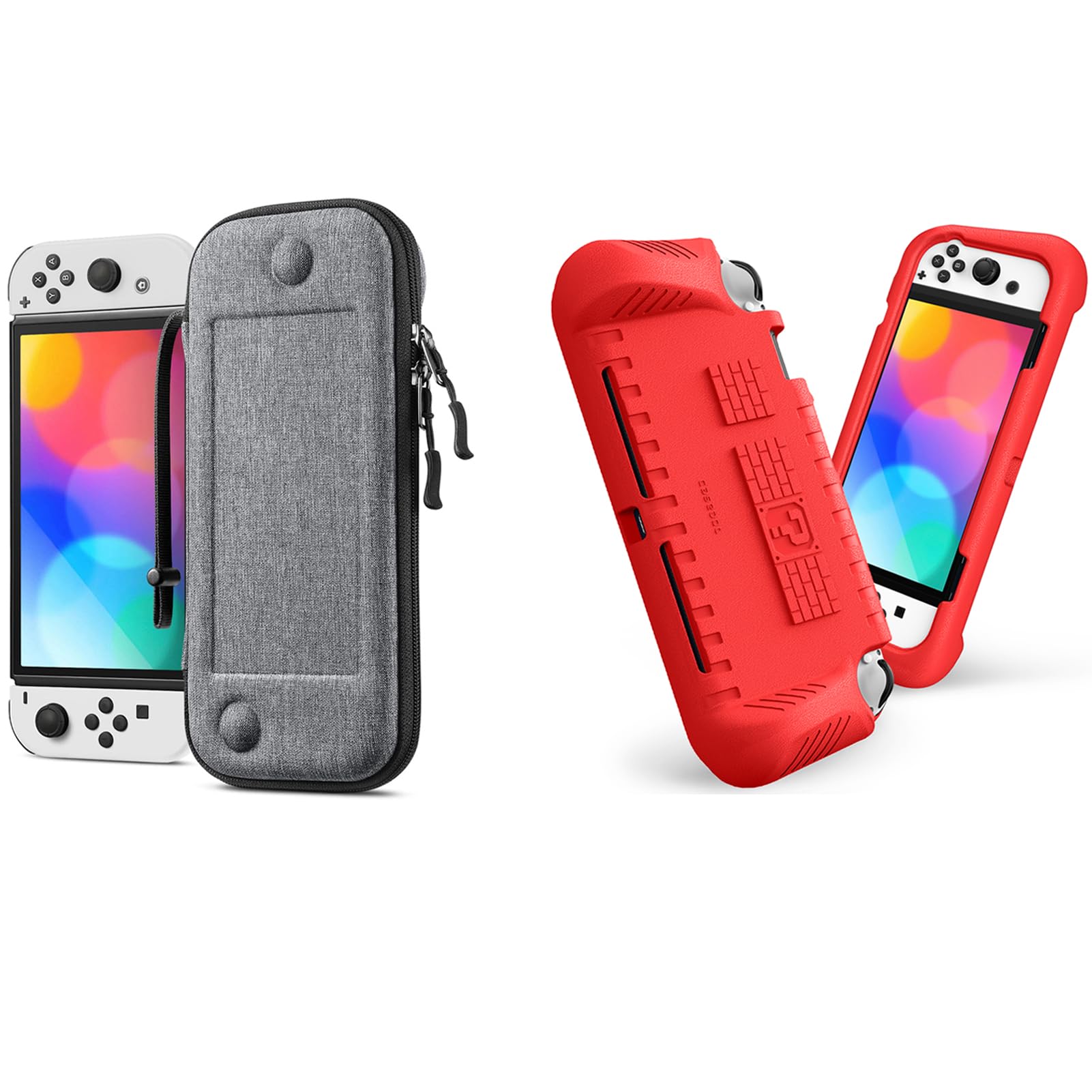 Fintie Bundle: Slim Fit Carrying Case for Nintendo Switch OLED Model 2021 & 2017 + Ultralight Kids Case for Switch OLED with 2 Game Card Slots & Ergonomic Grip - Perfect for Travel, Gaming On-The-Go & Child Protection