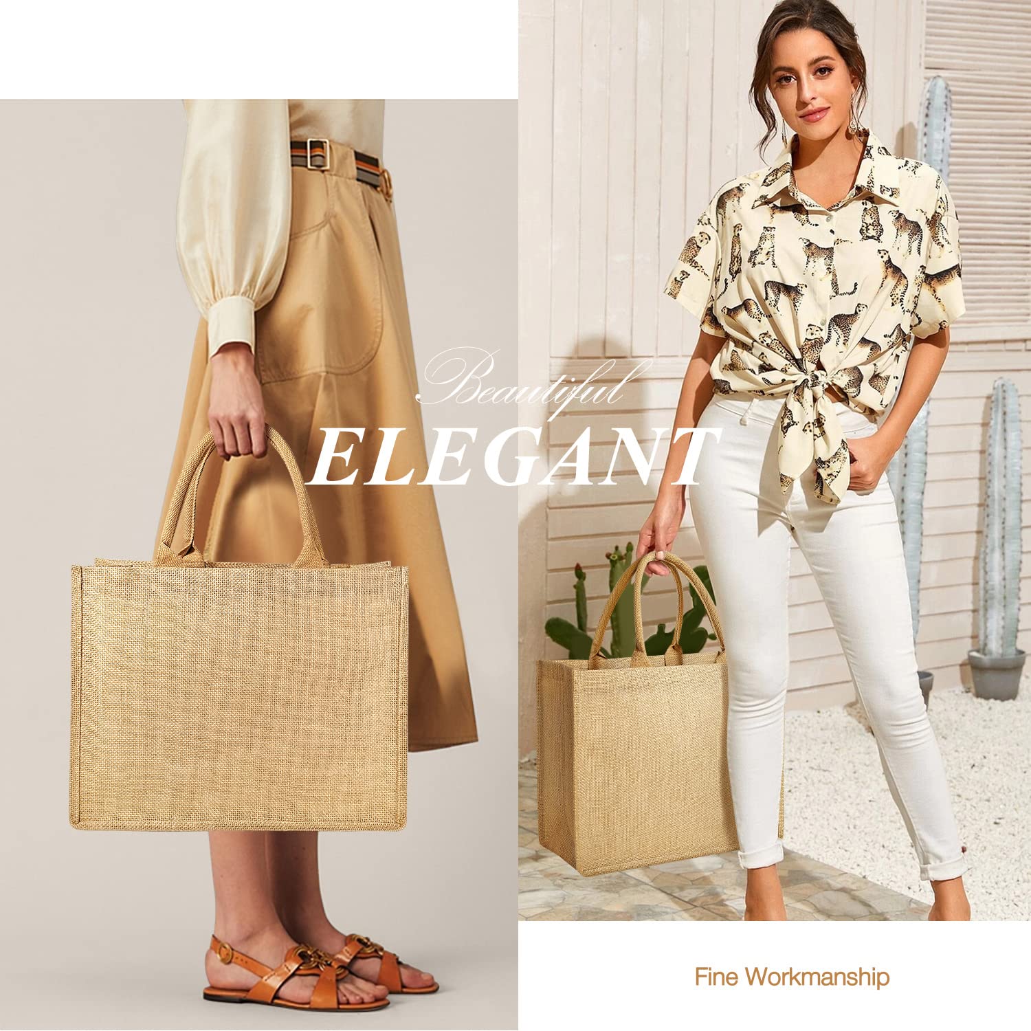 Eco-Friendly Jute Tote Bags with Laminated Interior & Soft Handles - Reusable Grocery Shopping Bags for Farmers Market, Beach, and Daily Use
