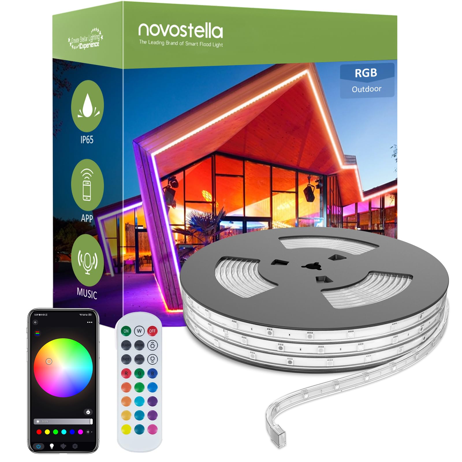 NOVOSTELLA 49.2ft Smart Outdoor RGB LED Rope Lights - Music Sync, App & RF Remote Control, Dimmable Color Changing IP65 Waterproof Exterior Lighting for Garden, Stairs, Party, Patio, and Landscape Decoration
