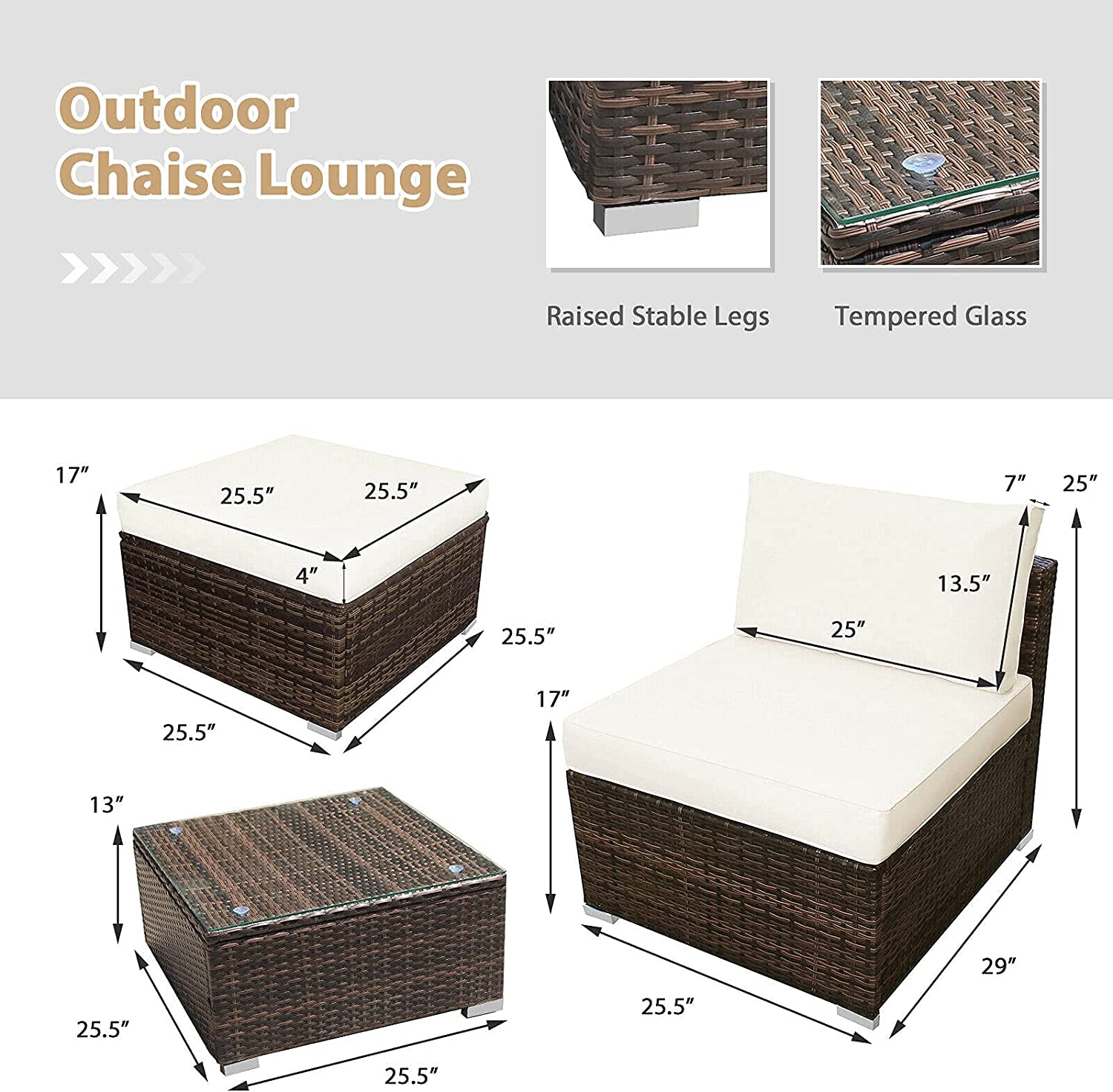5-Piece Outdoor Chaise Lounge Set with Ottoman & Coffee Table - Rattan Wicker Daybed Conversation Sofa with Cushions for Garden, Balcony, Poolside & Backyard - Perfect for Relaxing, Sunbathing and Outdoor Entertaining