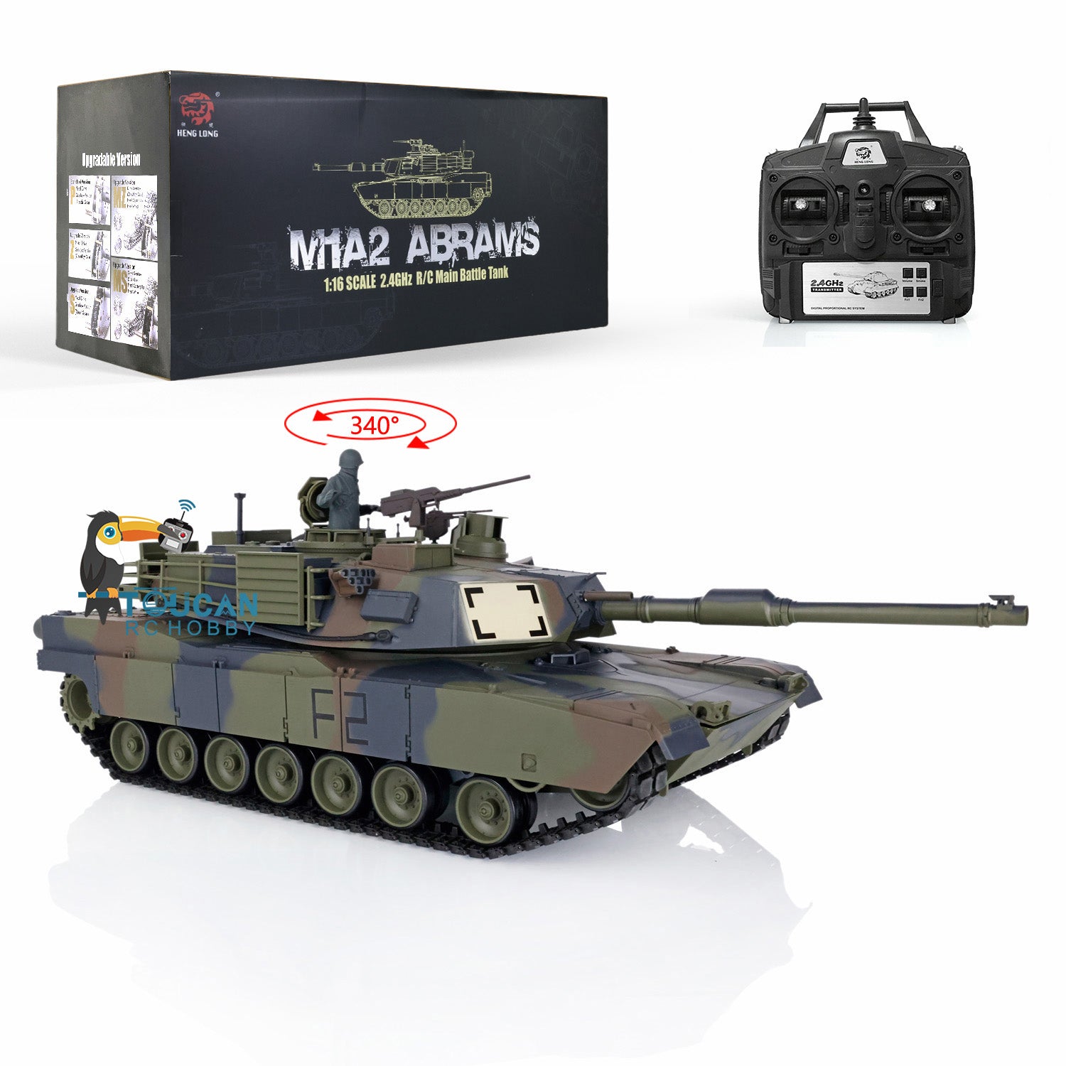 2.4Ghz Henglong 1:16 Scale 7.0 Plastic M1A2 Abrams RC Tank with Barrel Recoil - RTR 3918 Model 340 Turret Armored Vehicle - Perfect for Military Enthusiasts & RC Hobbyists (Battle Simulation & Collectible Display)