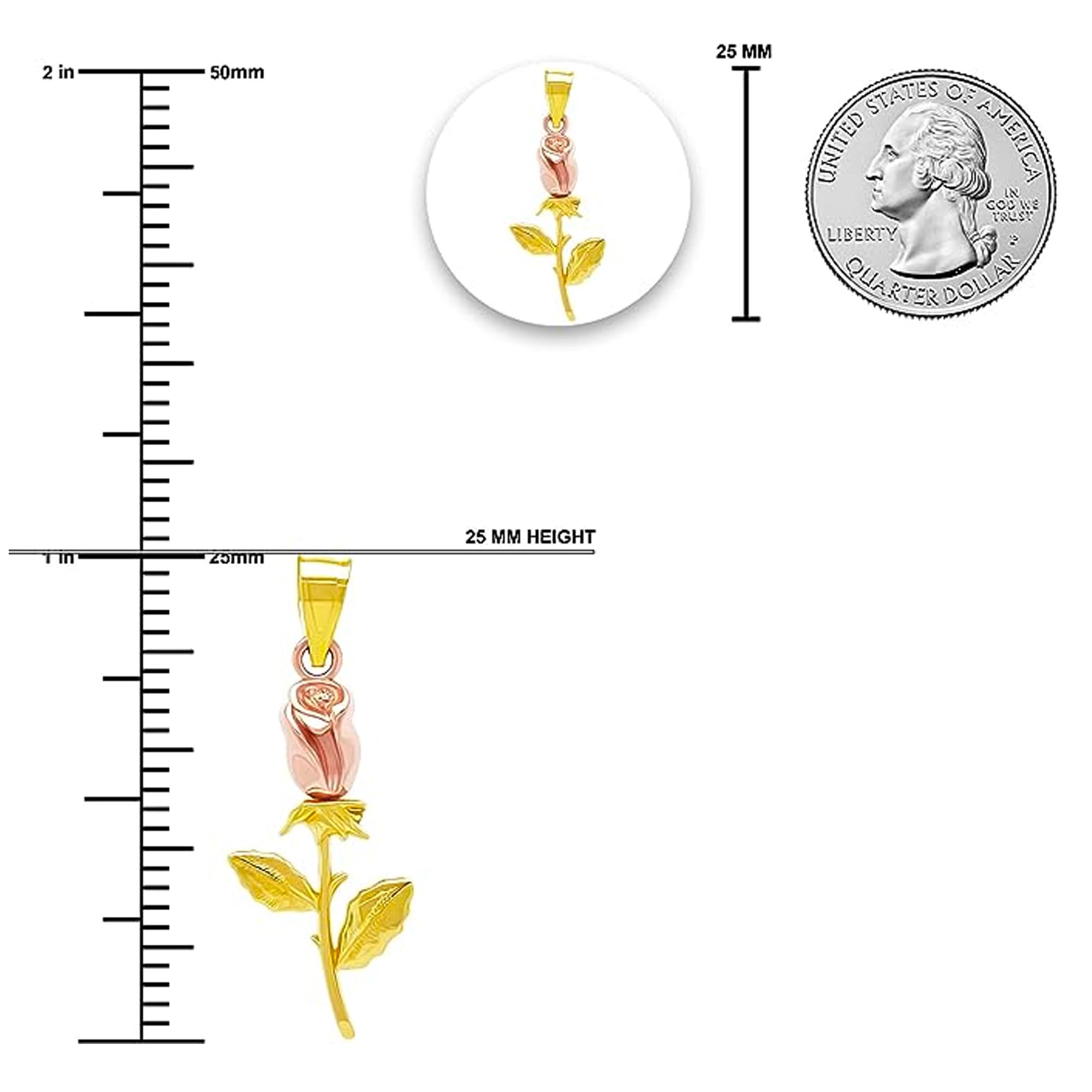 10K Solid Yellow & Rose Gold Long Stem Rose Charm Pendant - Elegant Rose Flower Dangle Charm for Jewelry Making - Perfect Mother's Day Gift & Birthday Present for Women - Ideal for Necklaces, Bracelets & DIY Jewelry Projects