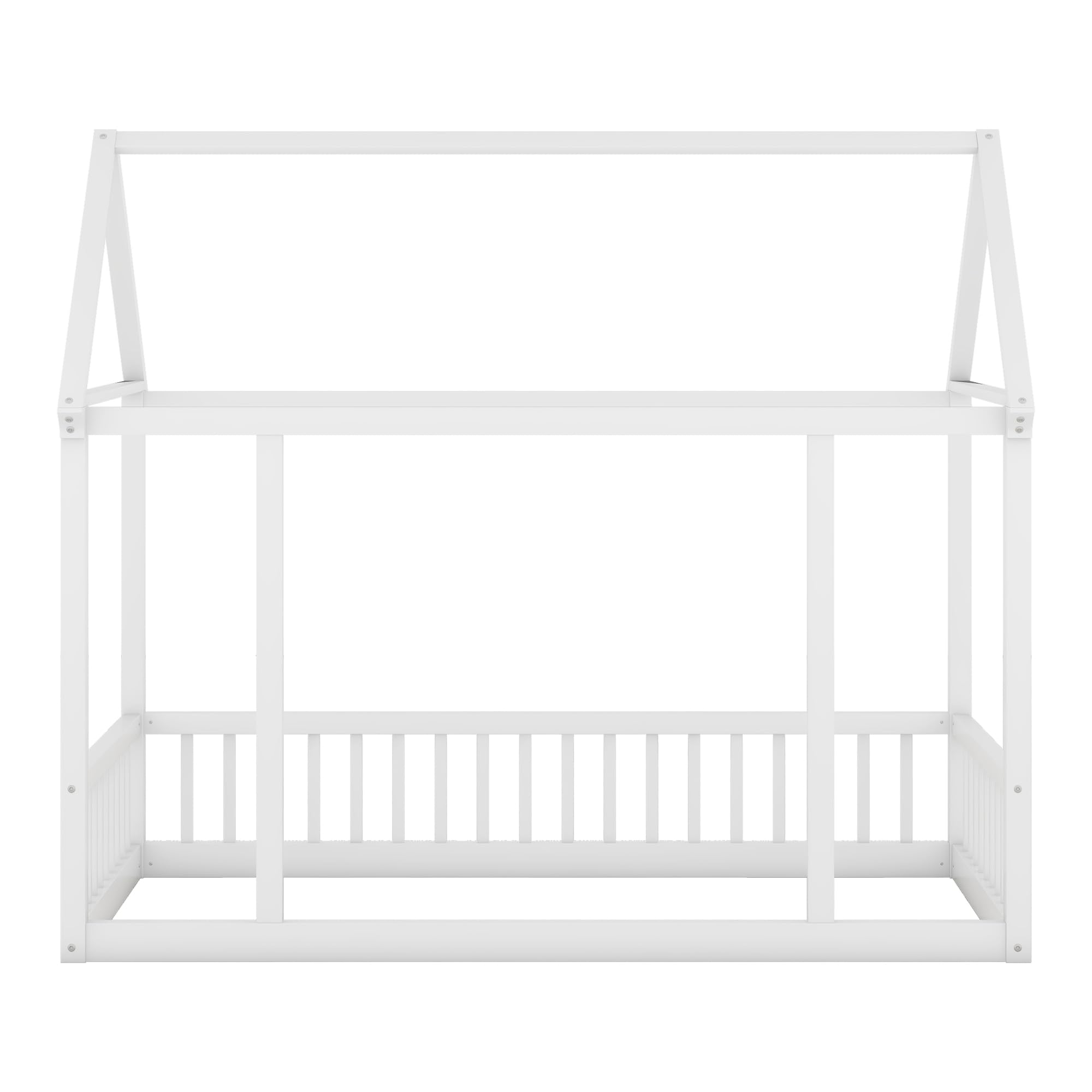 Bellemave Twin Size Wooden House Floor Bed for Kids - Montessori Bed Frame with Safety Fence, Playhouse Design for Boys & Girls - Perfect for Bedrooms, Playrooms & Montessori Learning Spaces (White)