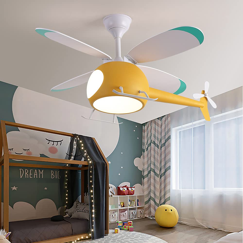 42 Inch Kids Helicopter Ceiling Fan with Remote Control & LED Lights - Cartoon Bedroom Fan for Boys & Girls - Perfect for Children's Room, Nursery, Playroom (Yellow)