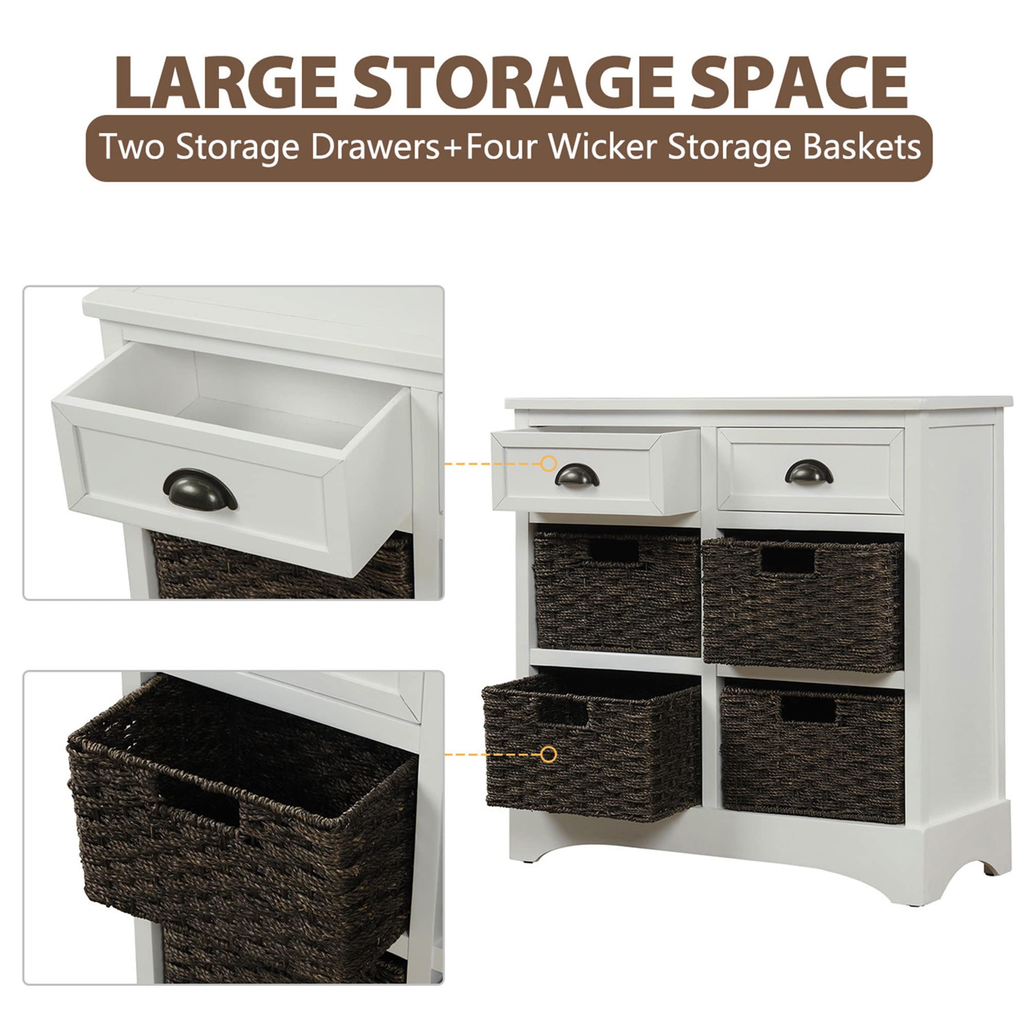 Vintage Storage Cabinet with Wood Drawers & Wicker Baskets - Home & Living Room Organizer