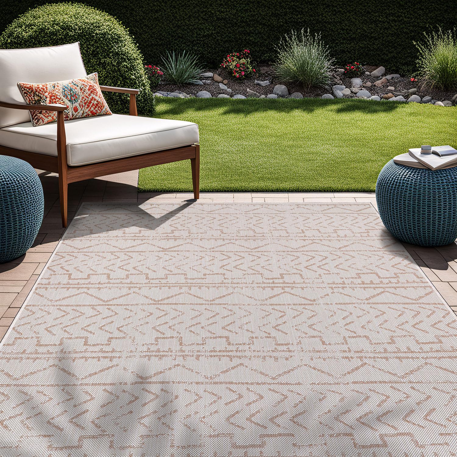 Beverly Rug Waikiki 6x9 Indoor Outdoor Washable Carpet - Water Resistant Beige & White Area Rug for Patio, Deck, Porch, Trellis | Perfect for Backyard, Poolside, and Sunroom Decor