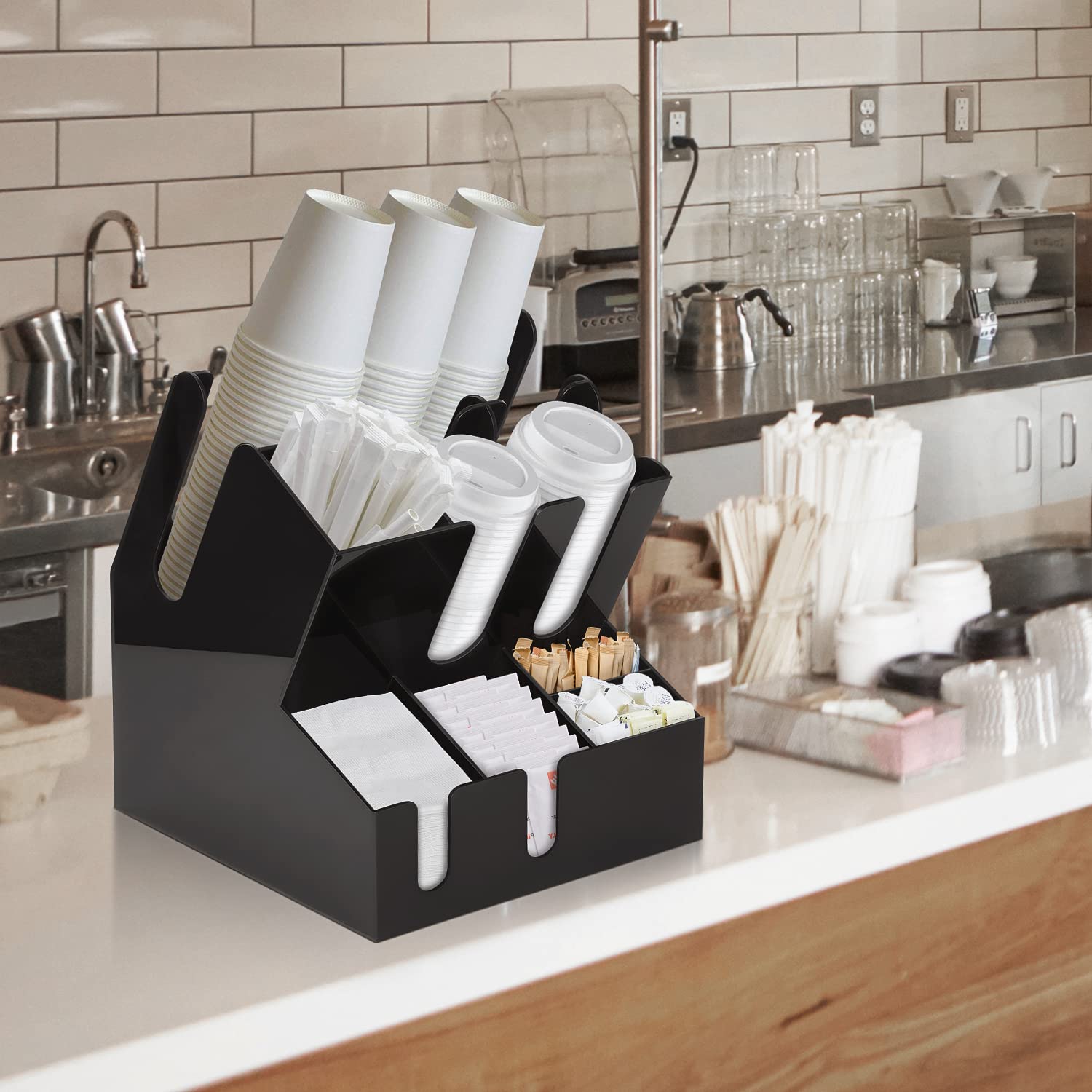 10-Compartment Commercial Coffee Condiment & Cup Organizer - Large Coffee Cup and Lid Holder for Breakroom, Coffee & Milk Tea Shop (Black) - Perfect for Organizing Coffee Stations & Drink Accessories