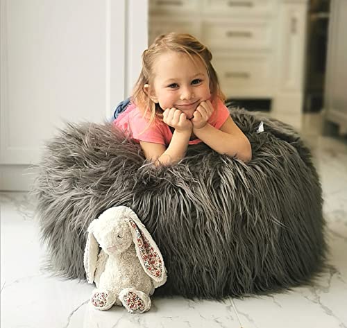 MiniOwls Plush Toy Storage Bean Bag - Soft Faux Fur Organizer with Zipper, Jumbo Size 24x24x15 Inches, Dark Gray Ottoman for Kids' Room & Nursery Decor | Perfect for Storing Stuffed Animals, Blankets & Toys